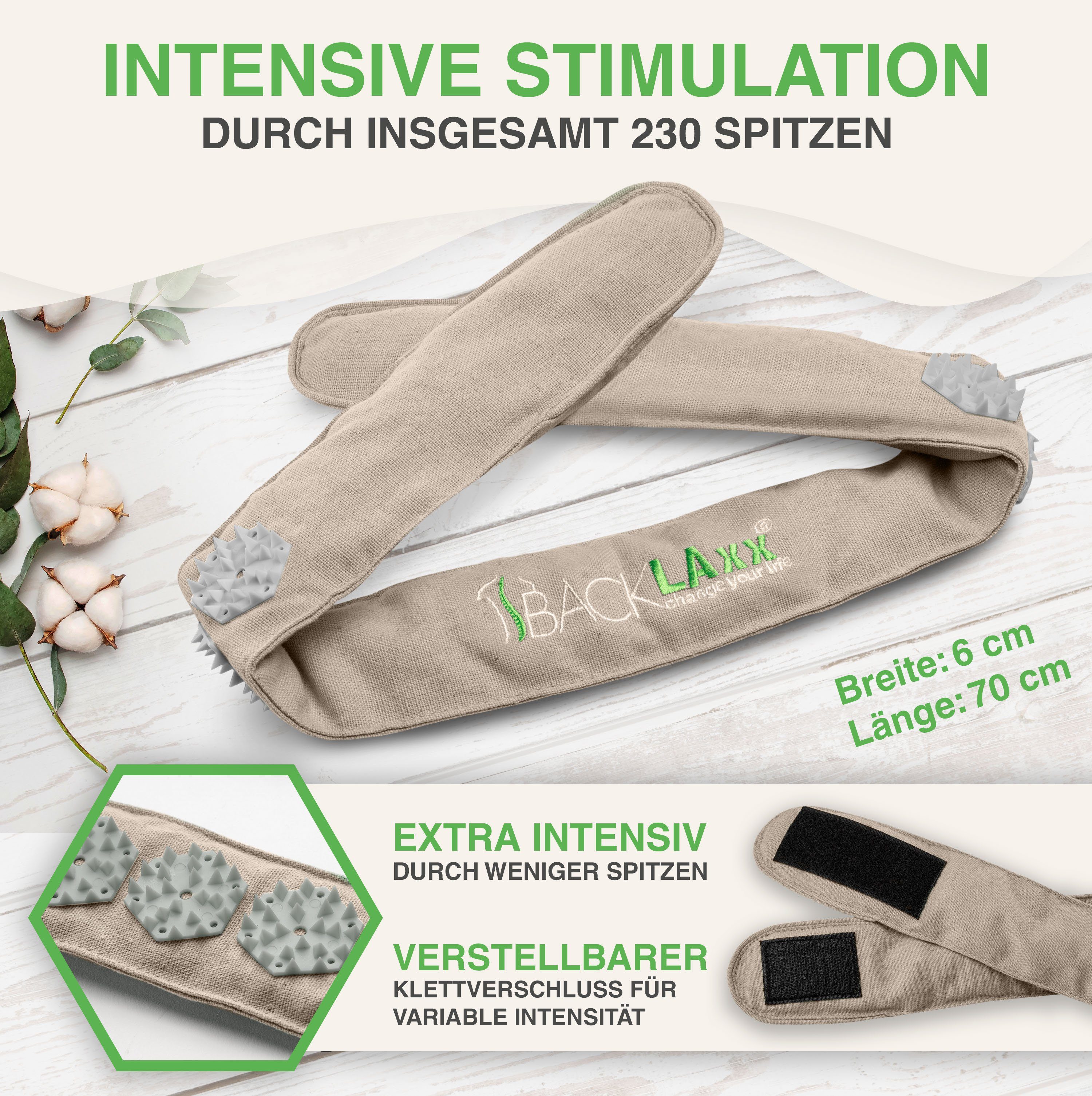 BACKLAxx® Massagegerät Akupressur Stirnband, Kopfband, Kopfmassagegerät mit Tasche zur Kopfmassage, Intensitätsregulierung durch Klettverschluss