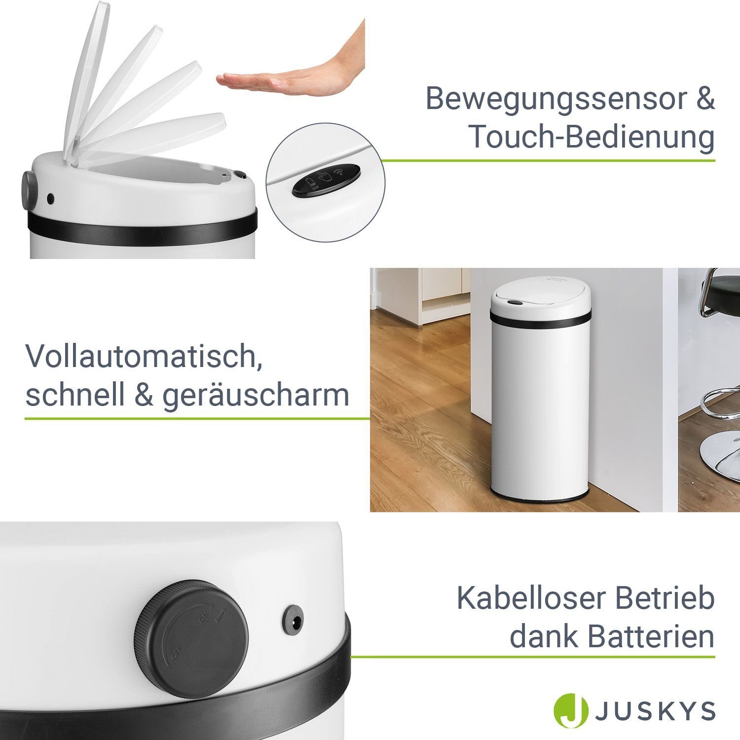 Juskys Mülleimer, Schließen, mit Weiß / L Öffnen geräuscharmes 40 rostfrei Volumen, Sensor