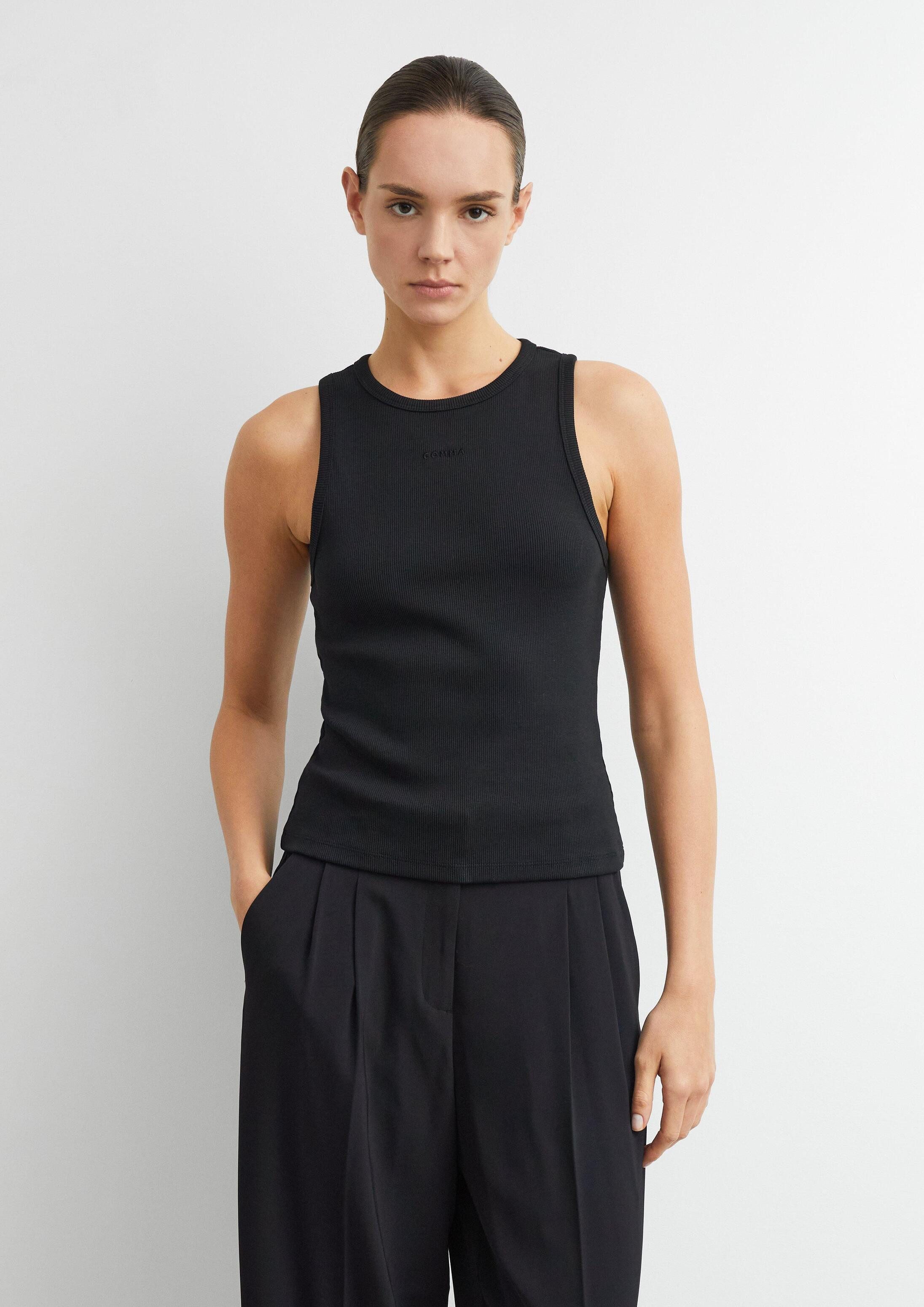 comma Muskelshirt T-Shirt Geripptes Tanktop mit Logostickerei