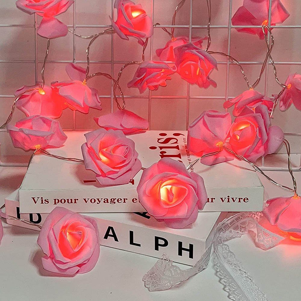 MUPOO LED-Lichterkette LED Weihnachten,Blumengirlande Nachtlicht Rosa 20LEDs Party Girlande,Kunstblume Rose Dekolicht Rose,LED für Garten Warmweiß,Batterie, 3M