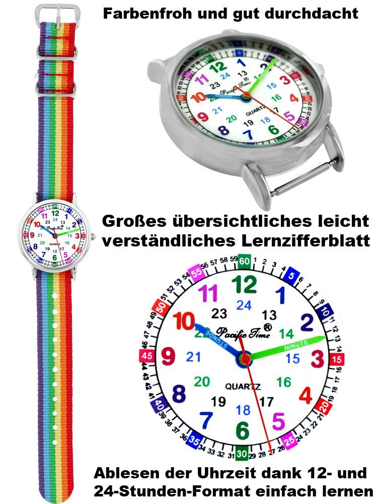 Kinder Kids (Gr. 92 -146) Pacific Time Quarzuhr Kinderuhr Armbanduhr Mädchen Lernuhr Wechselarmband Regenbogen + blau reflektier