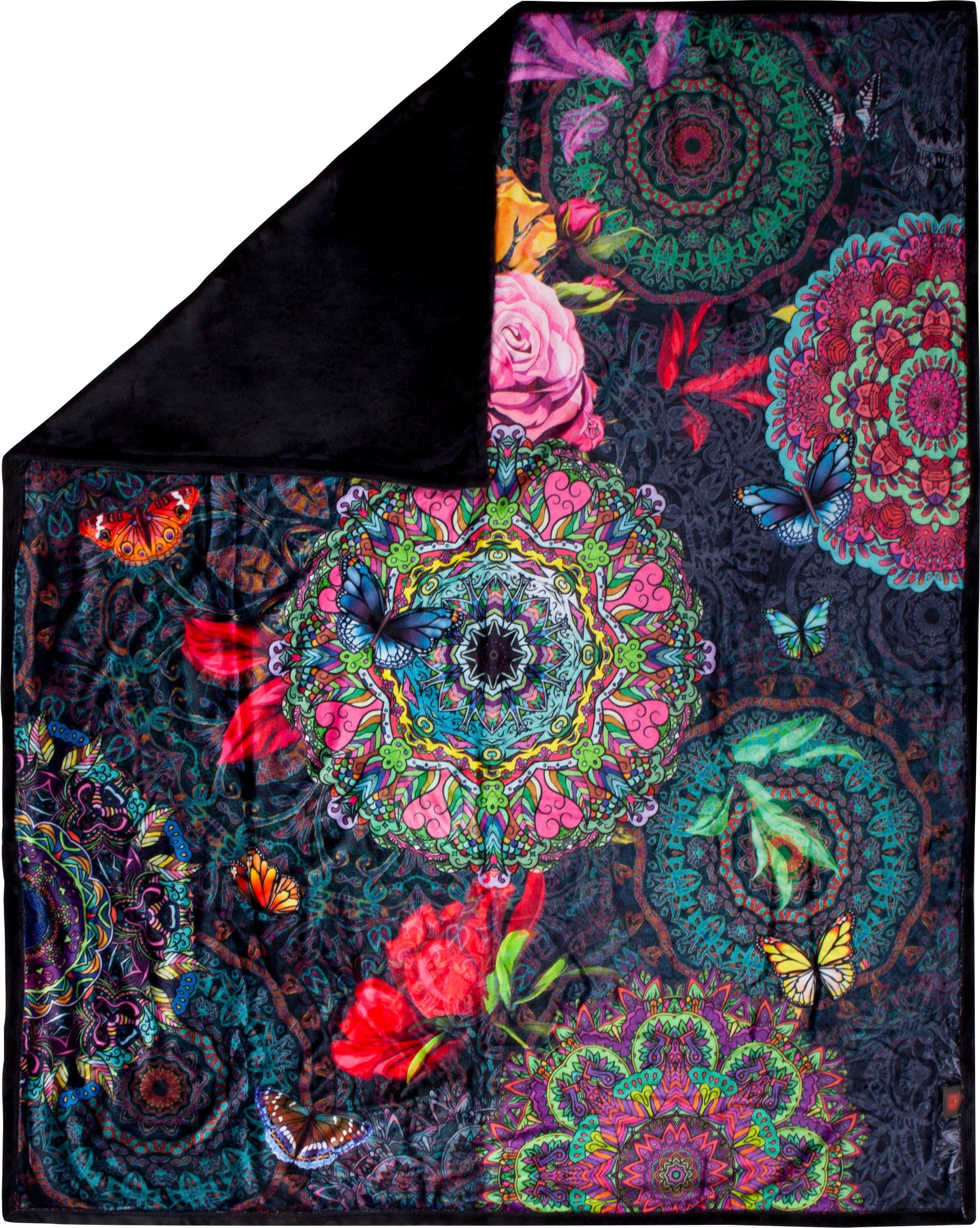 Plaid Abbra, hip, mit Mandala 100% und Blumen, Kuscheldecke, aus Polyvelvet Gefertigt
