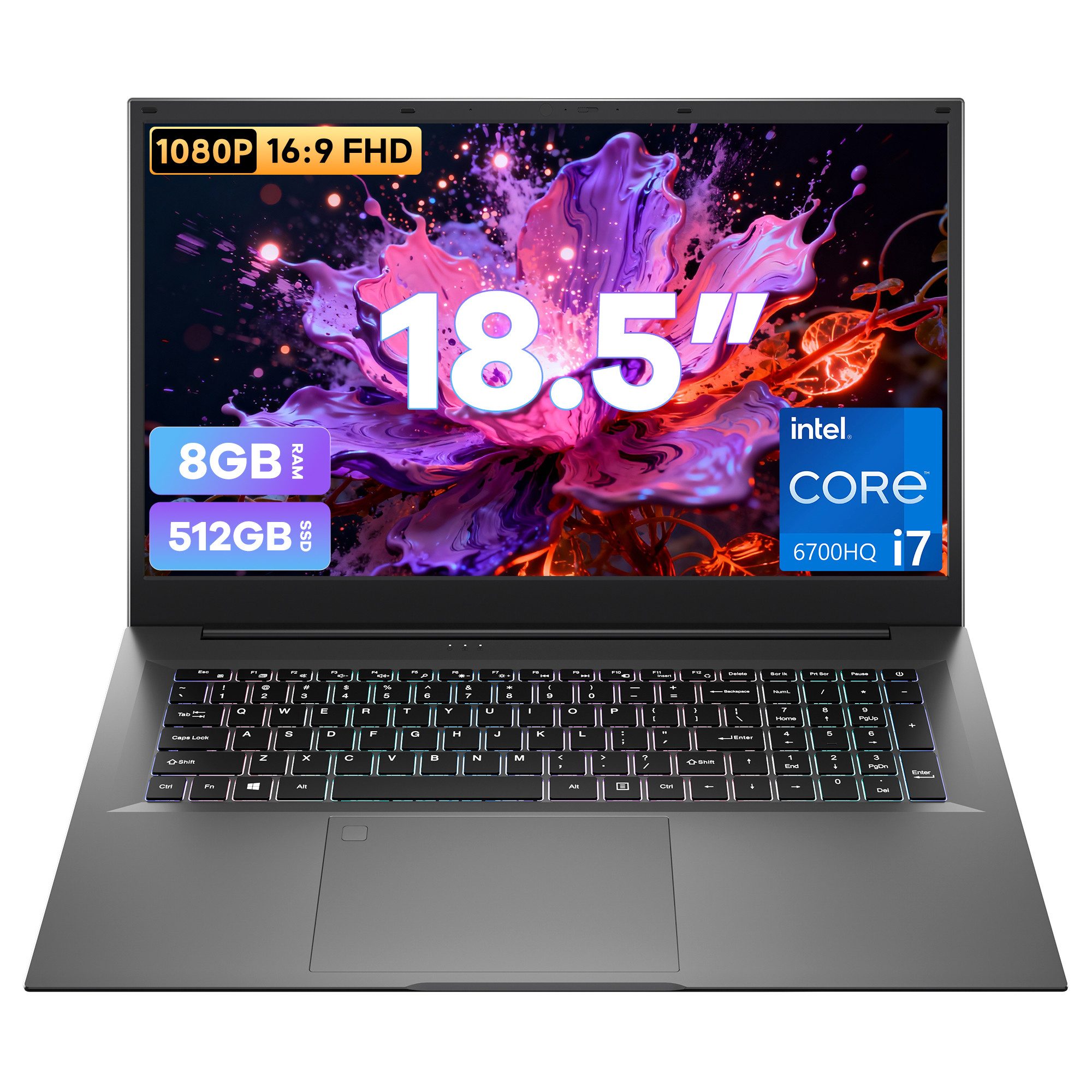 MENGHU 18,5" FHD Laptop 512GB SSD, RGB-Tastatur, Fingerabdruck, 10000mAh Akku Notebook (Intel® Core™ i7-6700HQ, 8 GB, 512 GB SSD, 4-core CPU)
