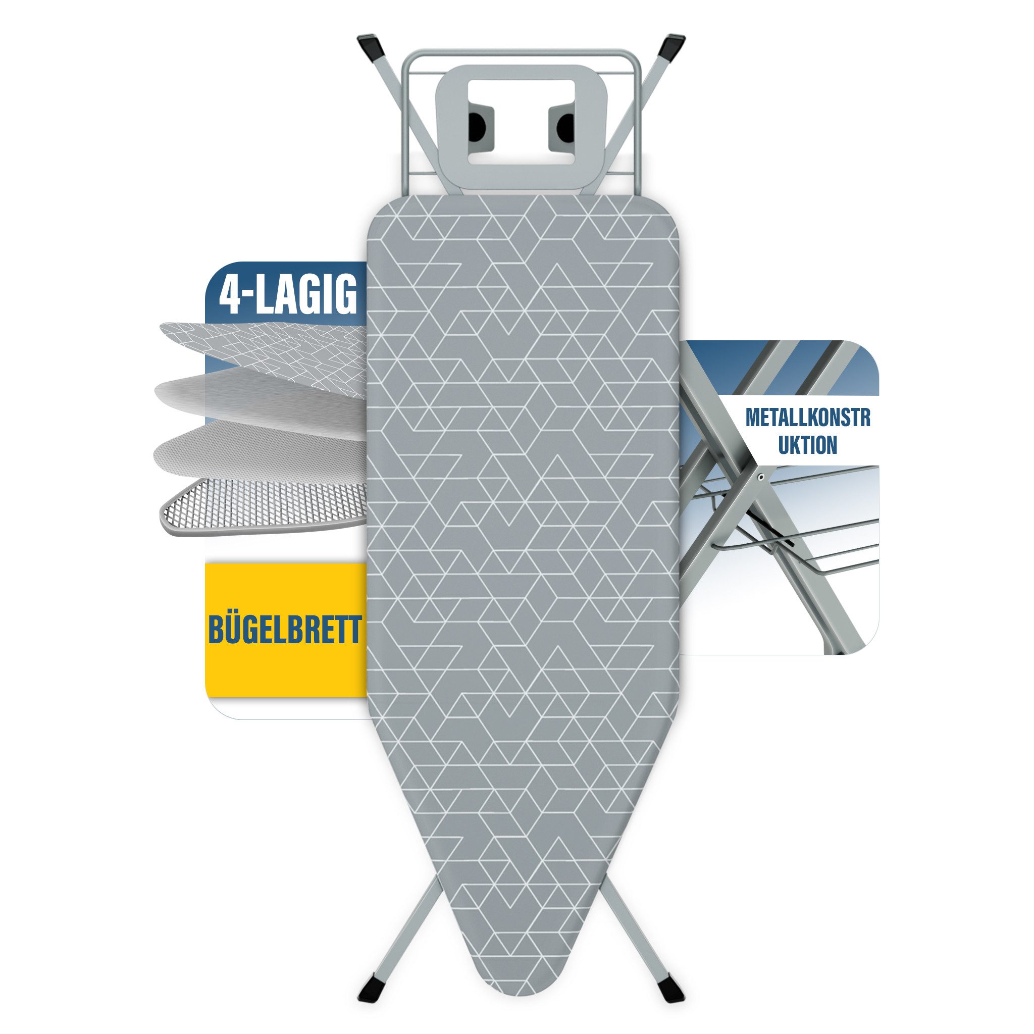 DEWINNER Bügelbrett XXL 120 × 45 cm klappbar höhenverstellbar, Bügelfläche 45x120 cm, Sicherheitsverschluss, Ablage f. Dampfbügeleisen