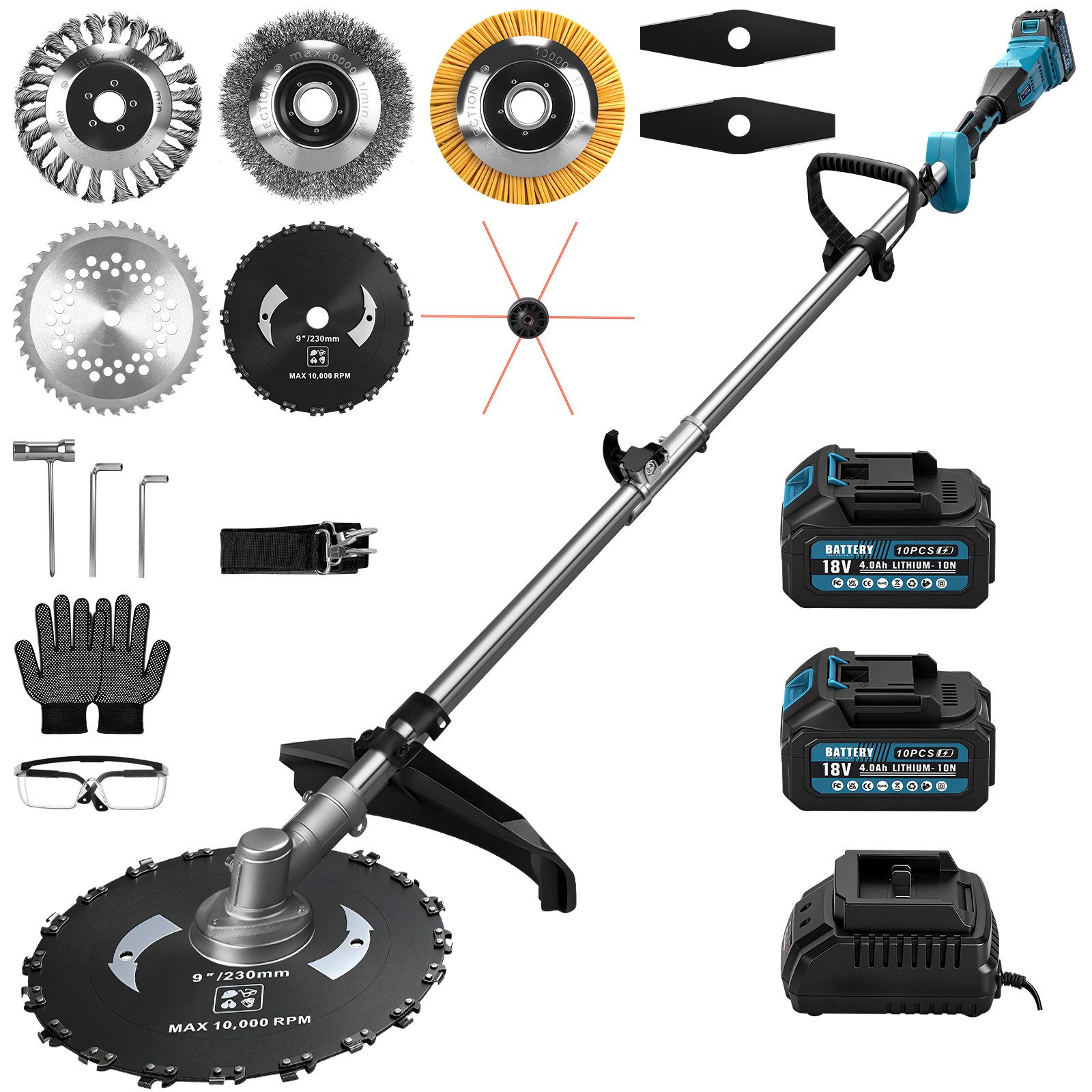 XIIW Akku-Motorsense Akku-Rasentrimmer Teleskop Freischneider 1380W 18800U/min Bürstenlos, 30 cm Arbeitsbreite Messer, (Set, 19 St., Set mit 2 Akkus und Zubehör), Multifunktions-Freischneider mit Bürsten & Sägeblättern Set