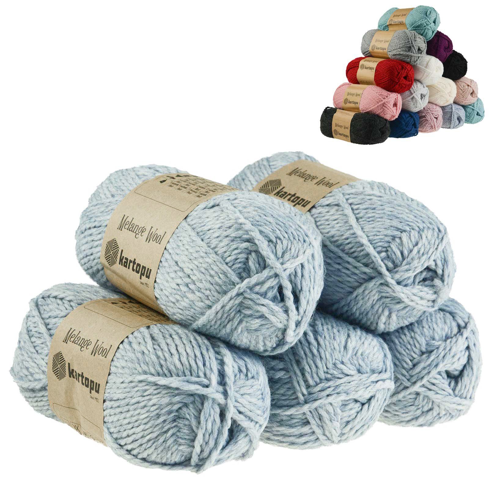 Kartopu 5 x 100g Strickgarn Kartopu Melange Wool Häkelwolle, 170 m, K9001 grau meliert