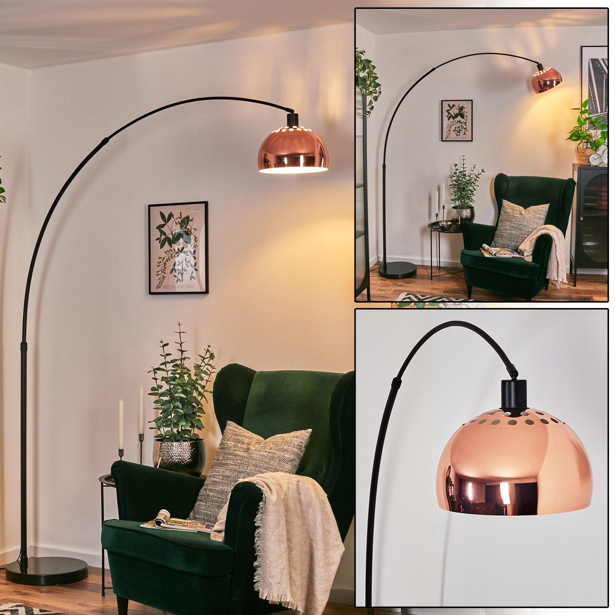 Bogenlampe Stehlampe aus Metall in Schwarz/Kupfer/Weiß im Retro/Vintage-Design