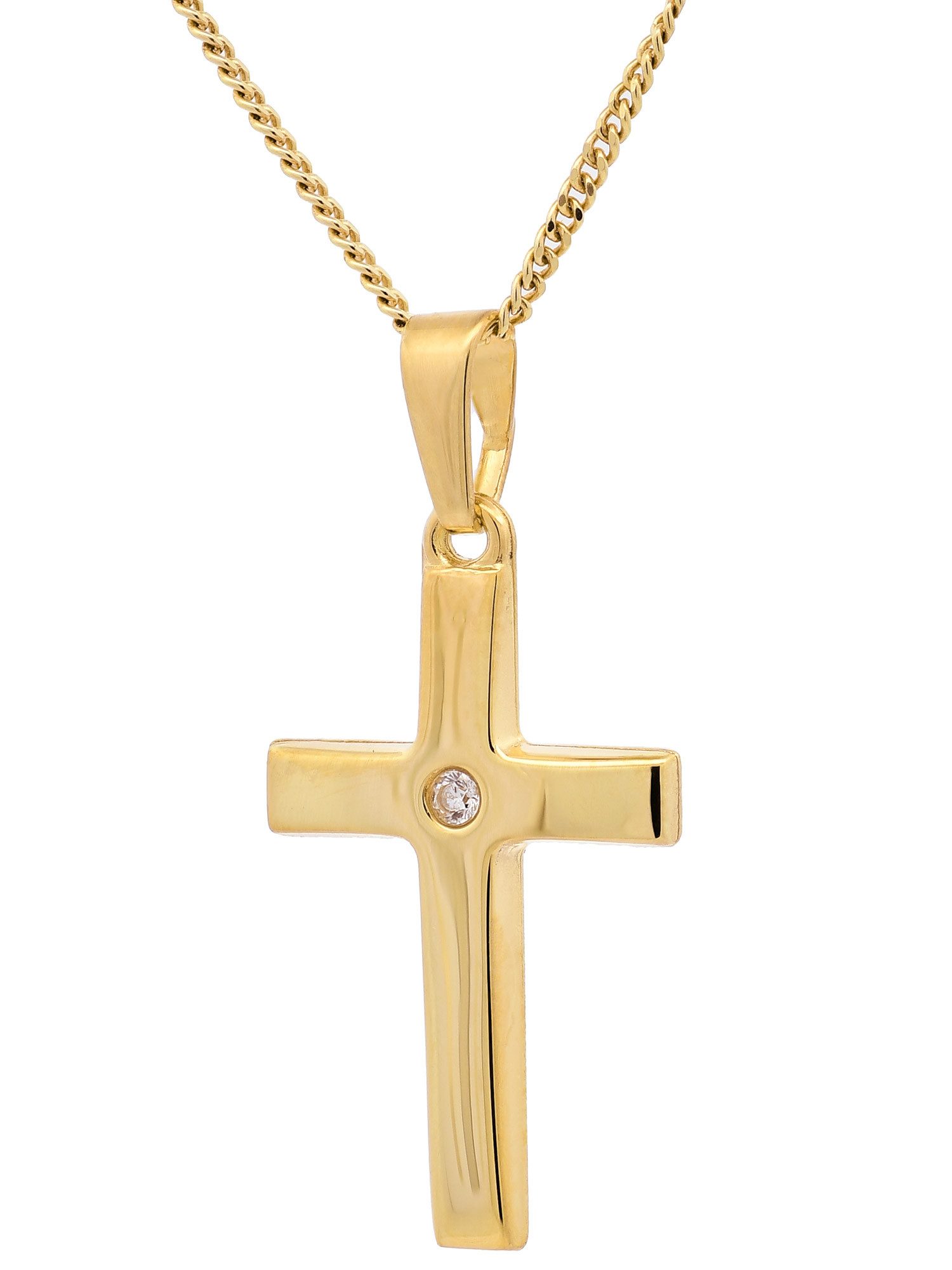 Kreuzanhänger Gold Anhänger Kreuz Zirkonia mit Goldkette 585-14 Karat Gold 36 cm