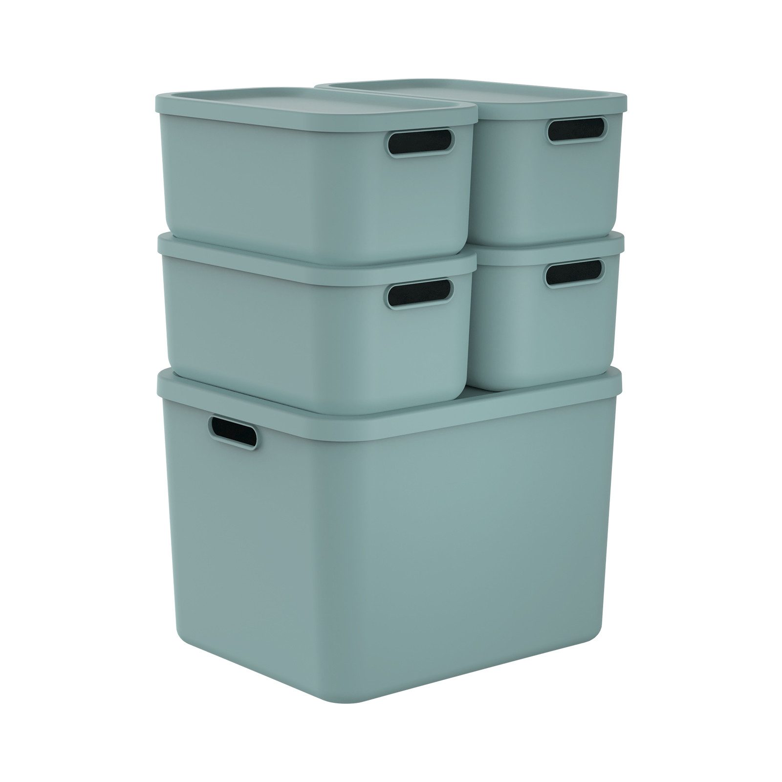 ROTHO Stapelbox Albula Light Set 5tlg. 4x 12l und 55l Aufbewahrungsboxen mit Deckel (5-teilig, Boxen-Set), Kisten stapelbar und mit Grifföffnungen