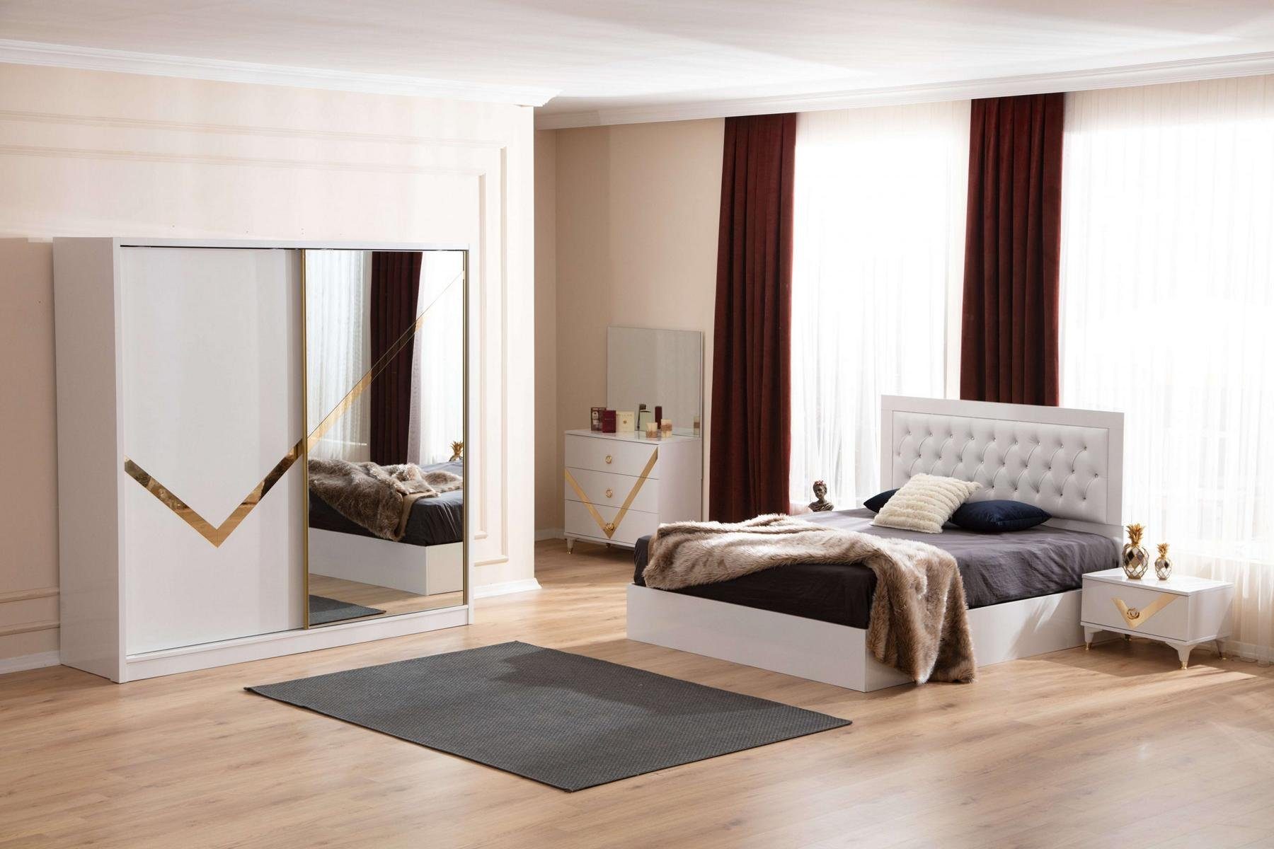 JVmoebel Schlafzimmer-Set Weißes Set Schlafzimmer Möbel Chesterfield Bett 2x Nachttische Schrank, Made In Europe