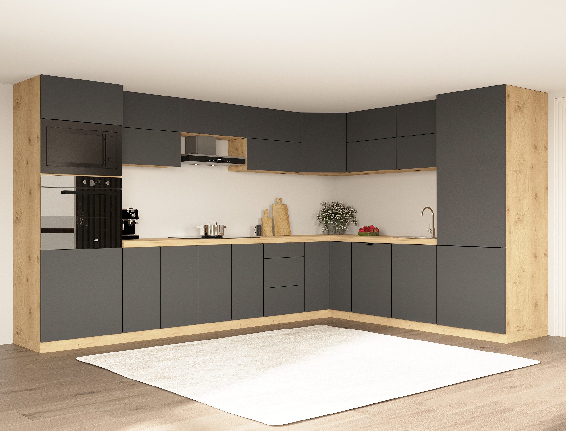 ROYAL24_MARKT Winkelküche - KL11-M360 - Nexa 360 x 260 cm – Grau / Beige / Woodline Matt, (Komplett Set), Premium - Modern - Exzellent