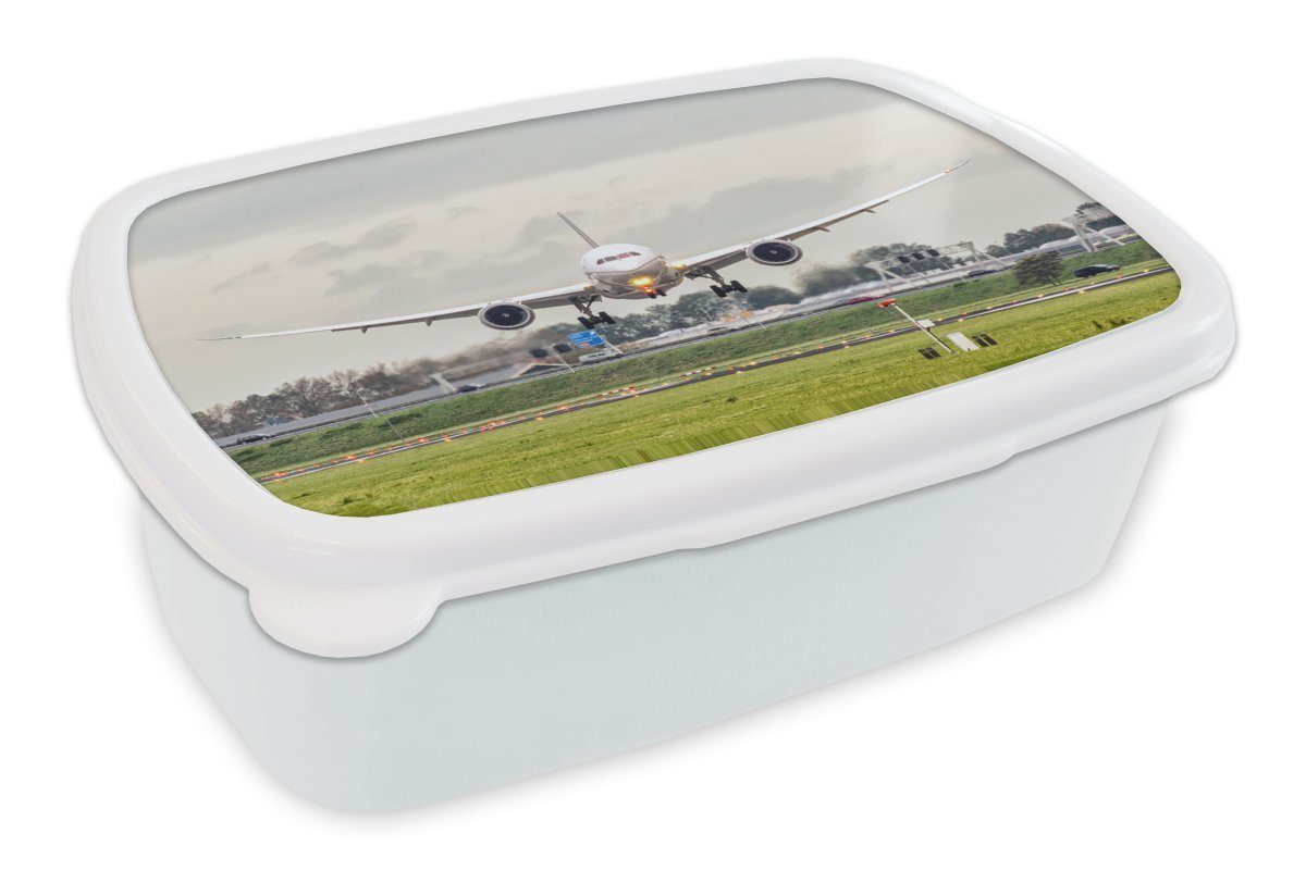 MuchoWow Lunchbox Landung eines Flugzeugs in Schiphol, Kunststoff, (2-tlg), Brotbox für Kinder und Erwachsene, Brotdose, für Jungs und Mädchen weiß