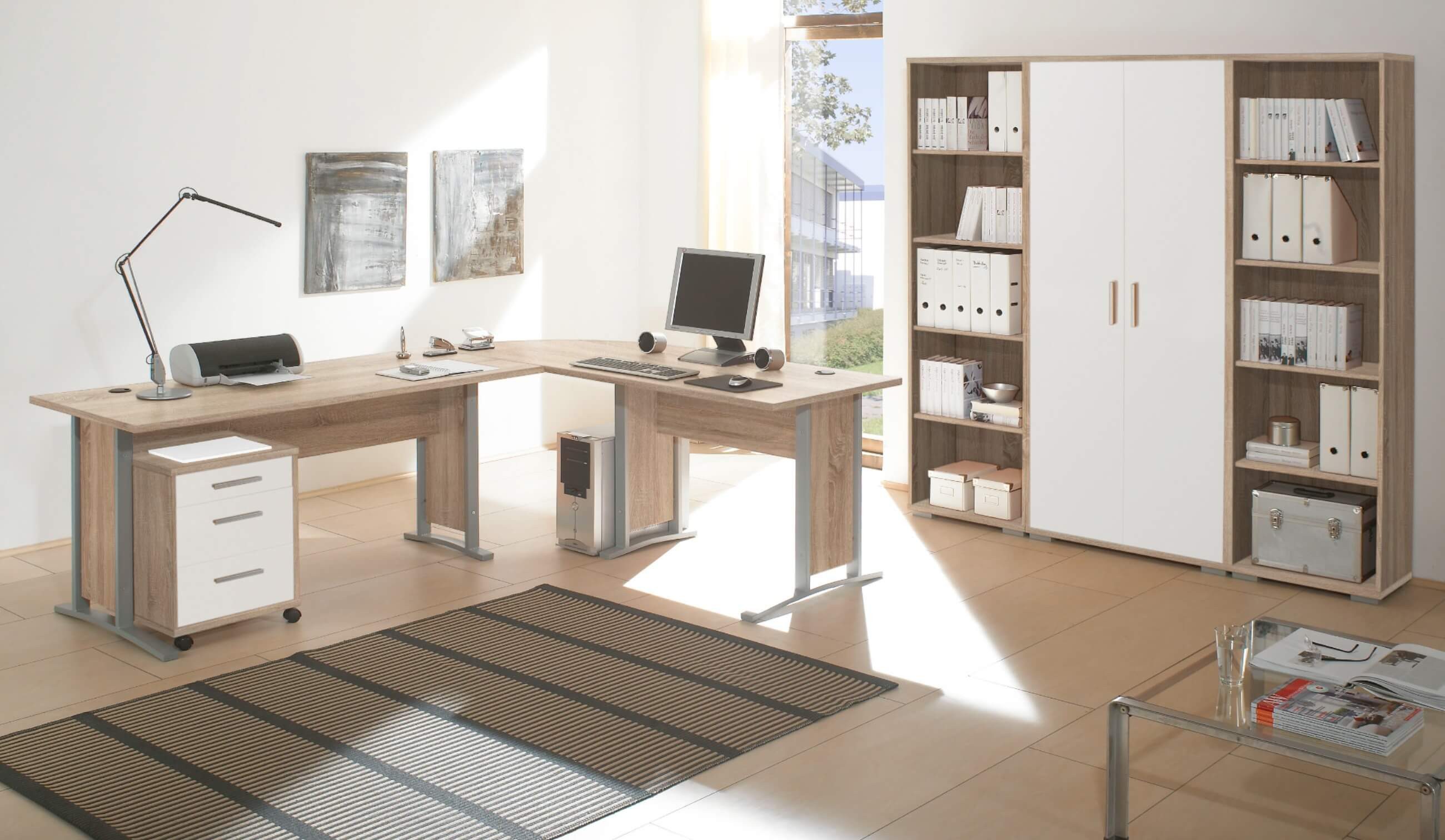 moebel-dich-auf Büromöbel-Set OFFICE LINE, (Komplett-Set, 8-tlg., Winkelschreibtisch mit Rollcontainer + 2 Aktenschränke + 4 Aktenregale), in Eiche Sonoma / Weiß