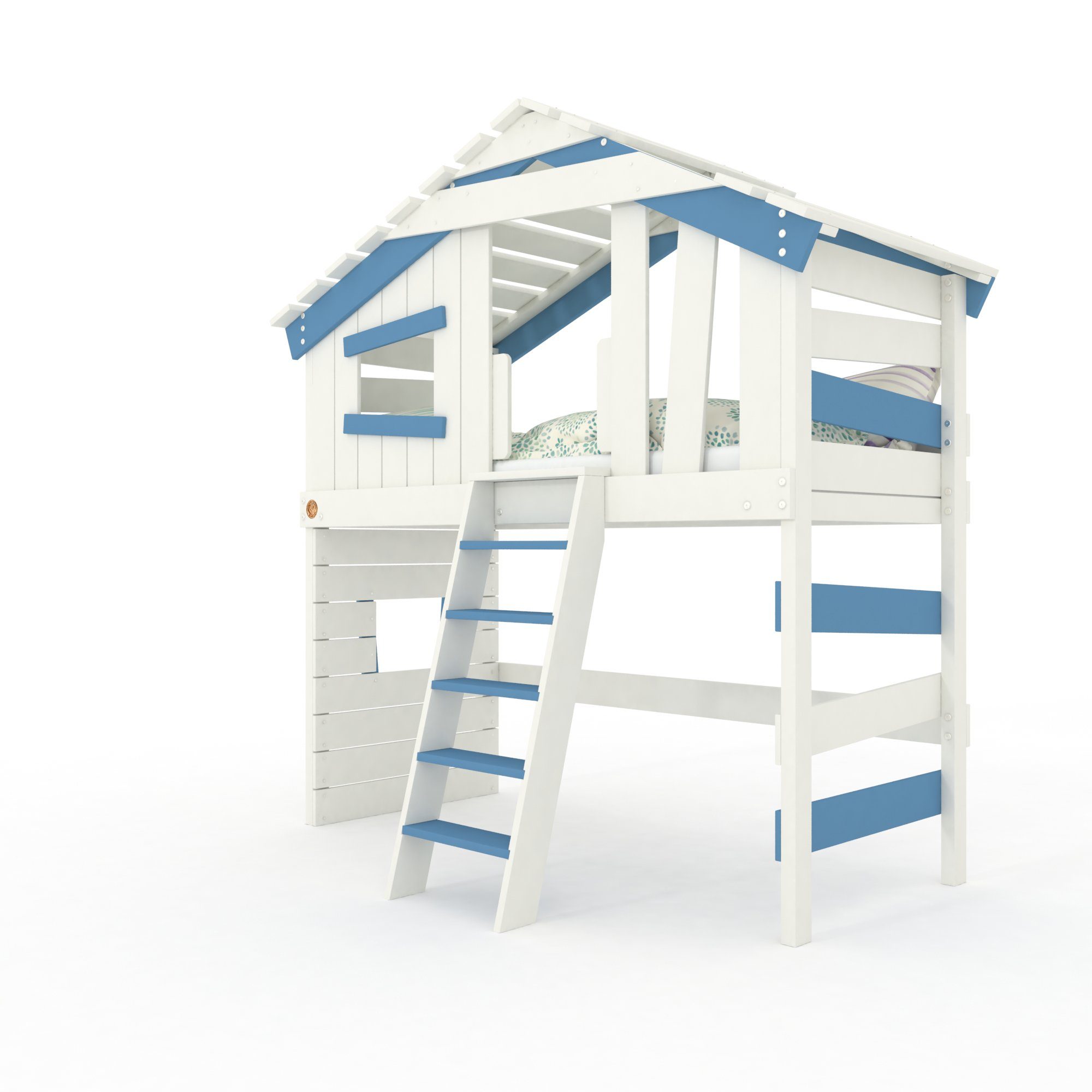 bibex Hochbett ALPIN CHALET Hochbett, Kinderbett, Doppelbett, Hausbett - Blau/Weiss