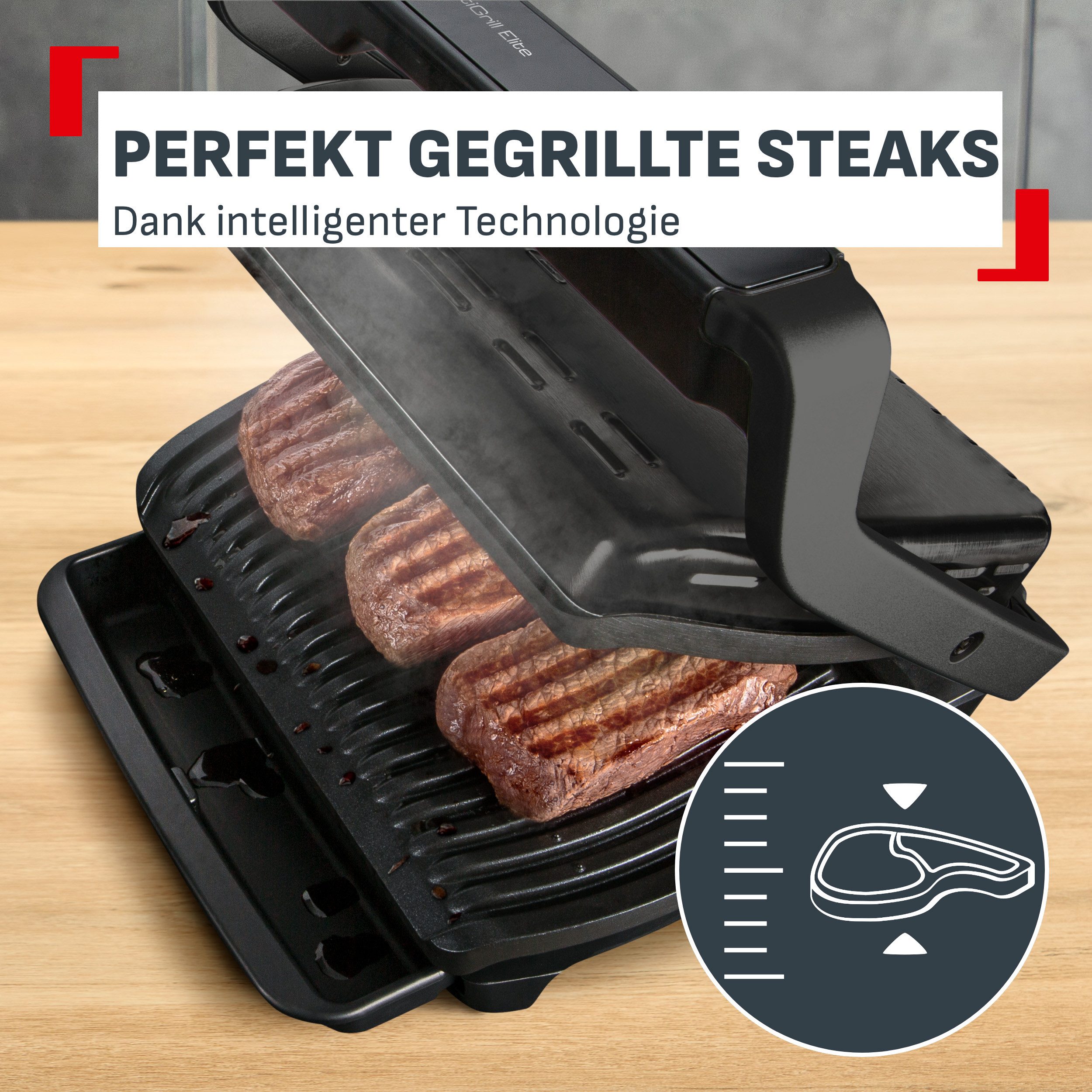 Tefal Kontaktgrill GC7508 OptiGrill Elite, 2000 W, Grillassistent, intuitive Bedienung, 12 voreingestellte Programme