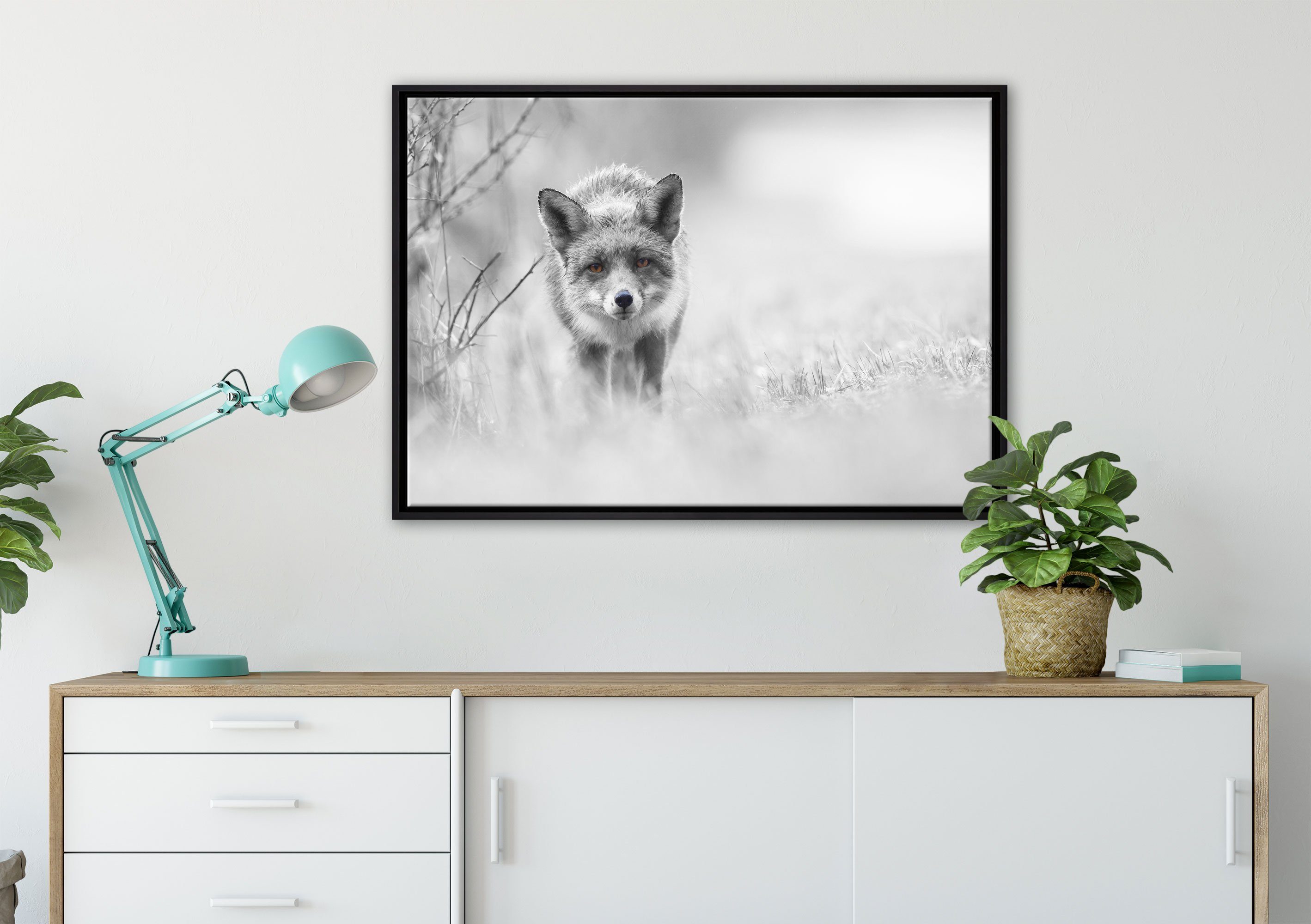 Schattenfugen-Bilderrahmen Leinwandbild Leinwandbild einem St), Wanddekoration (1 Fuchs, in schleichender Zackenaufhänger Pixxprint gefasst, hübscher inkl. fertig bespannt,