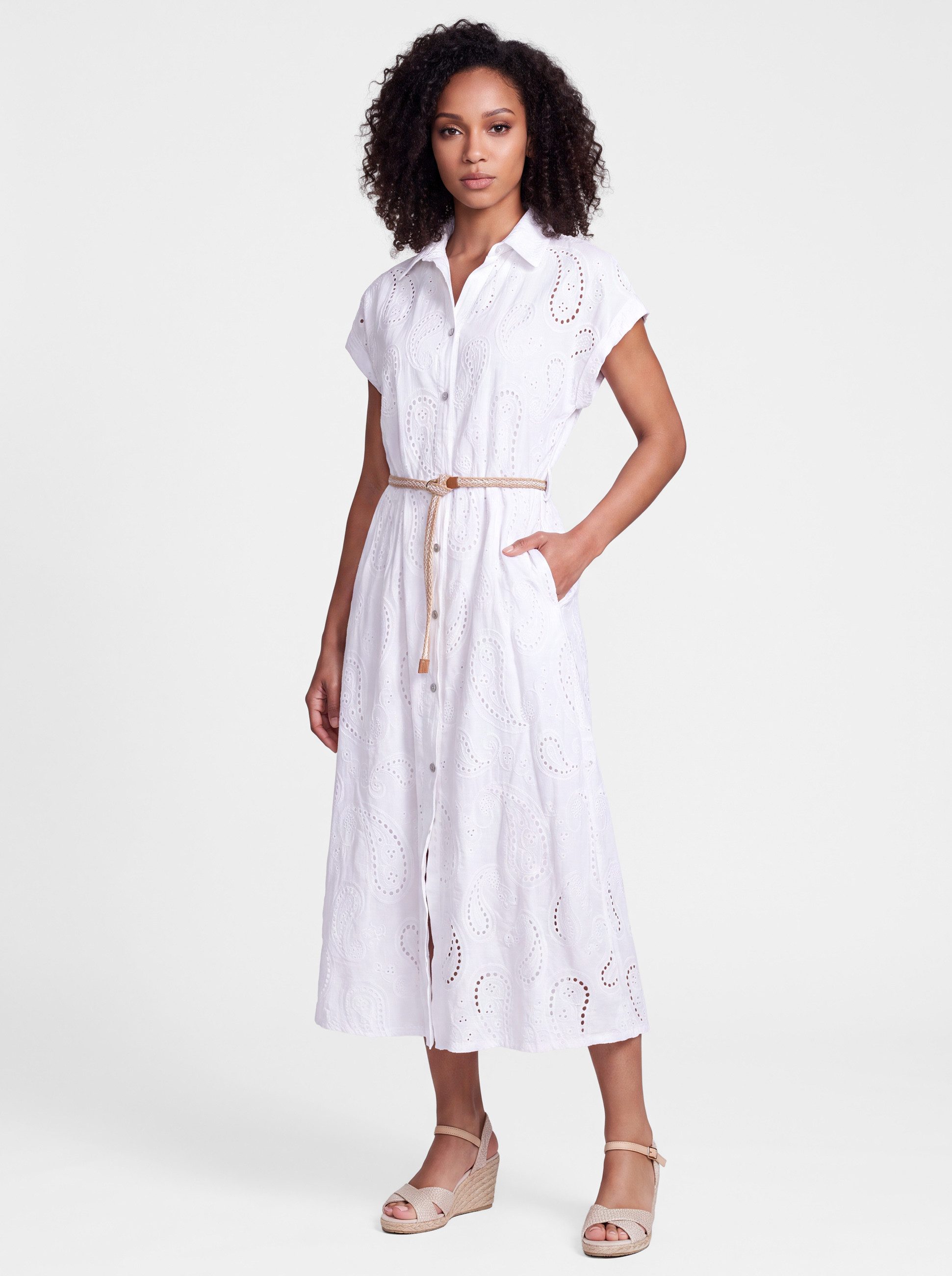 PEKIVESSA Sommerkleid Hemdblusenkleid mit Lochstickerei und Gürtel in Midilänge