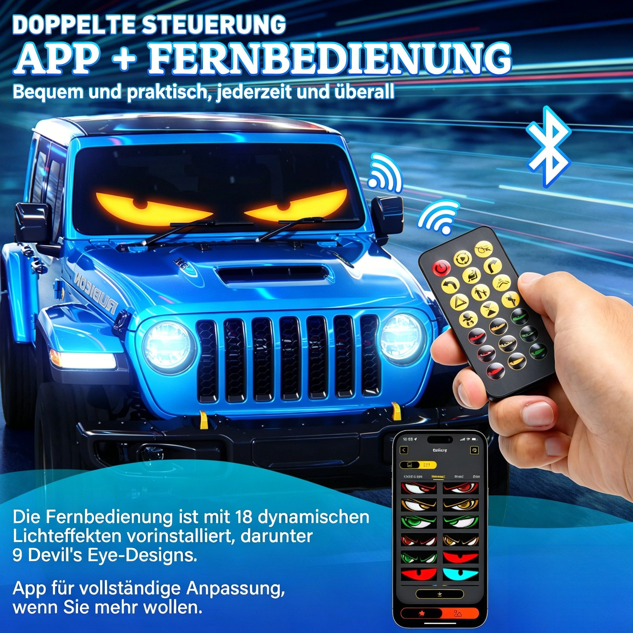 AIBISTAR LED Nachtlicht Devil Eyes Licht LED-Bildschirm Auto-Augenlicht,Set 2 Stk, LED fest integriert, Mehrfarbig (RGB) / Mehrfarbig einstellbar, 92x374mm,Bluetooth App Steuerung (iOS/Android),editierbarer Lauftext