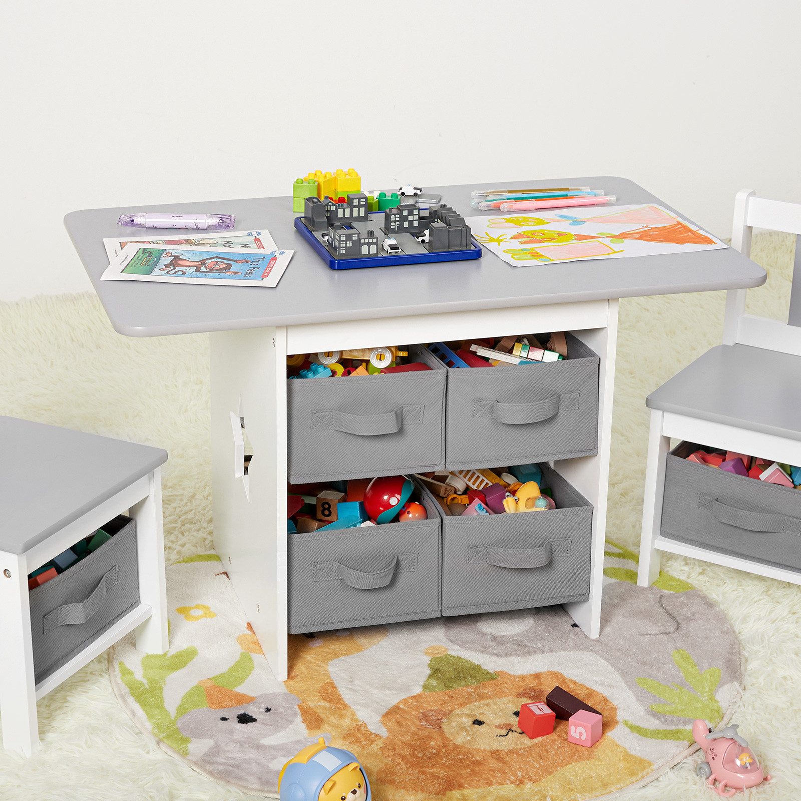 Yorbay Kindersitzgruppe Kindertisch mit 2 Stühlen, mit 6 Aufbewahrungskörbe günstig online kaufen