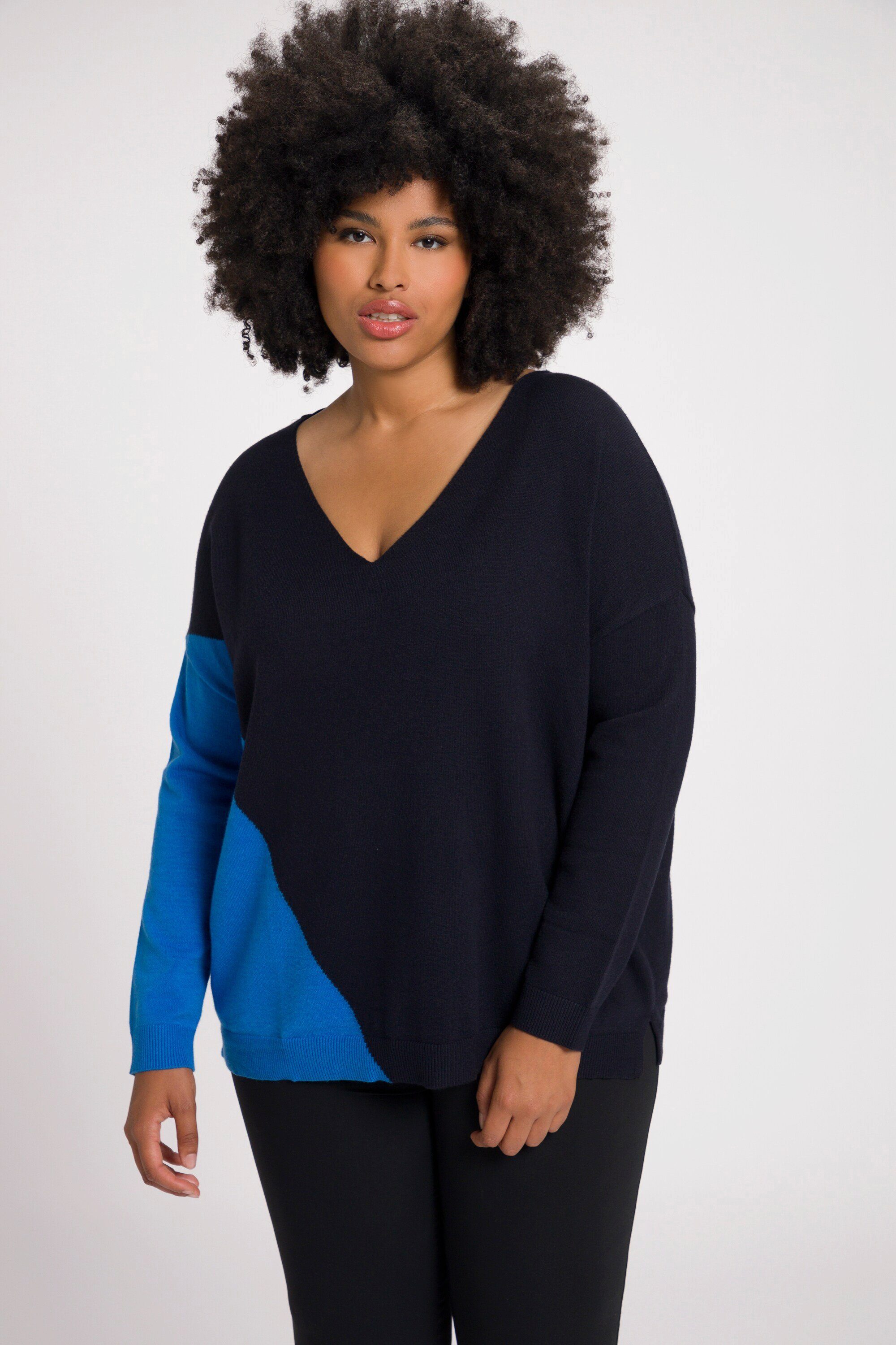Ulla Popken Strickpullover Pullover Colorblocking Oversized V-Ausschnitt