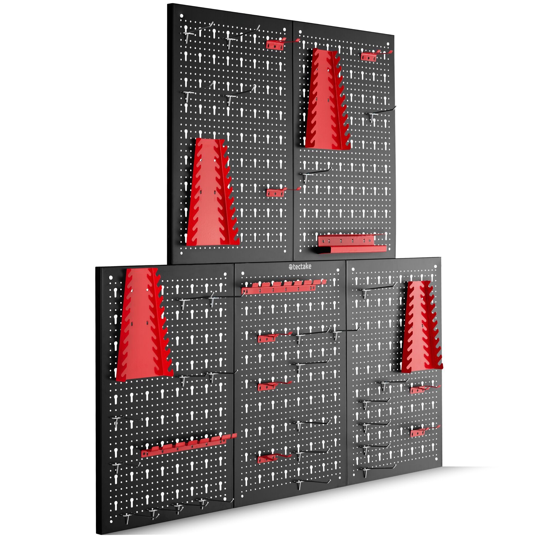 tectake Lochwand Werkzeugwand aus Metall 200x60 cm mit Haken-Set erweiterbar, (Werkzeughalter Wand Jonah, 5-tlg., in Schwarz/rot), Inkl. 43-tlg. Set für Werkzeughalterungen und einfache Montage