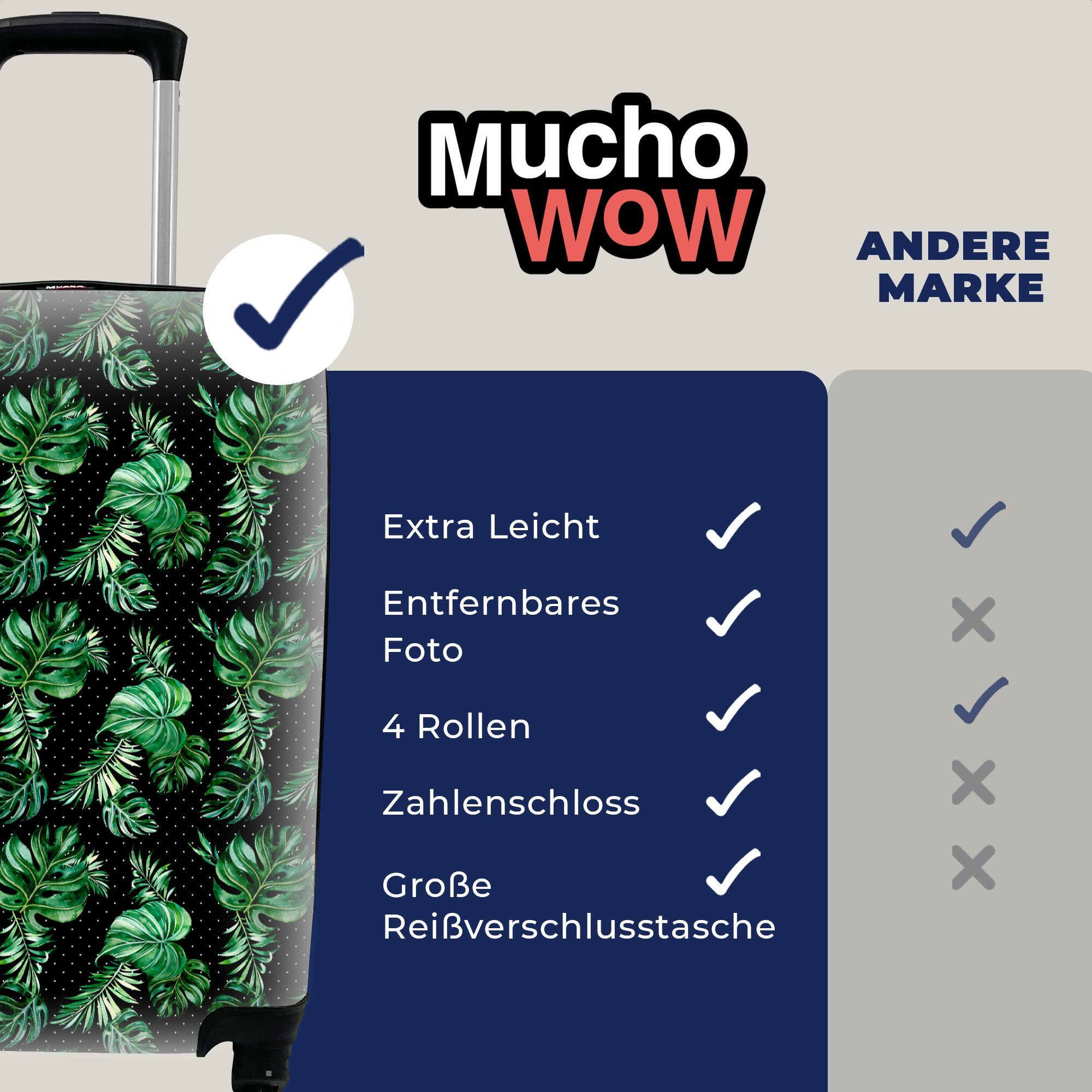 MuchoWow Handgepäckkoffer Weinlese rollen, Ferien, - Monstera, Reisekoffer Reisetasche für Pflanzen 4 - Rollen, mit Trolley, Handgepäck
