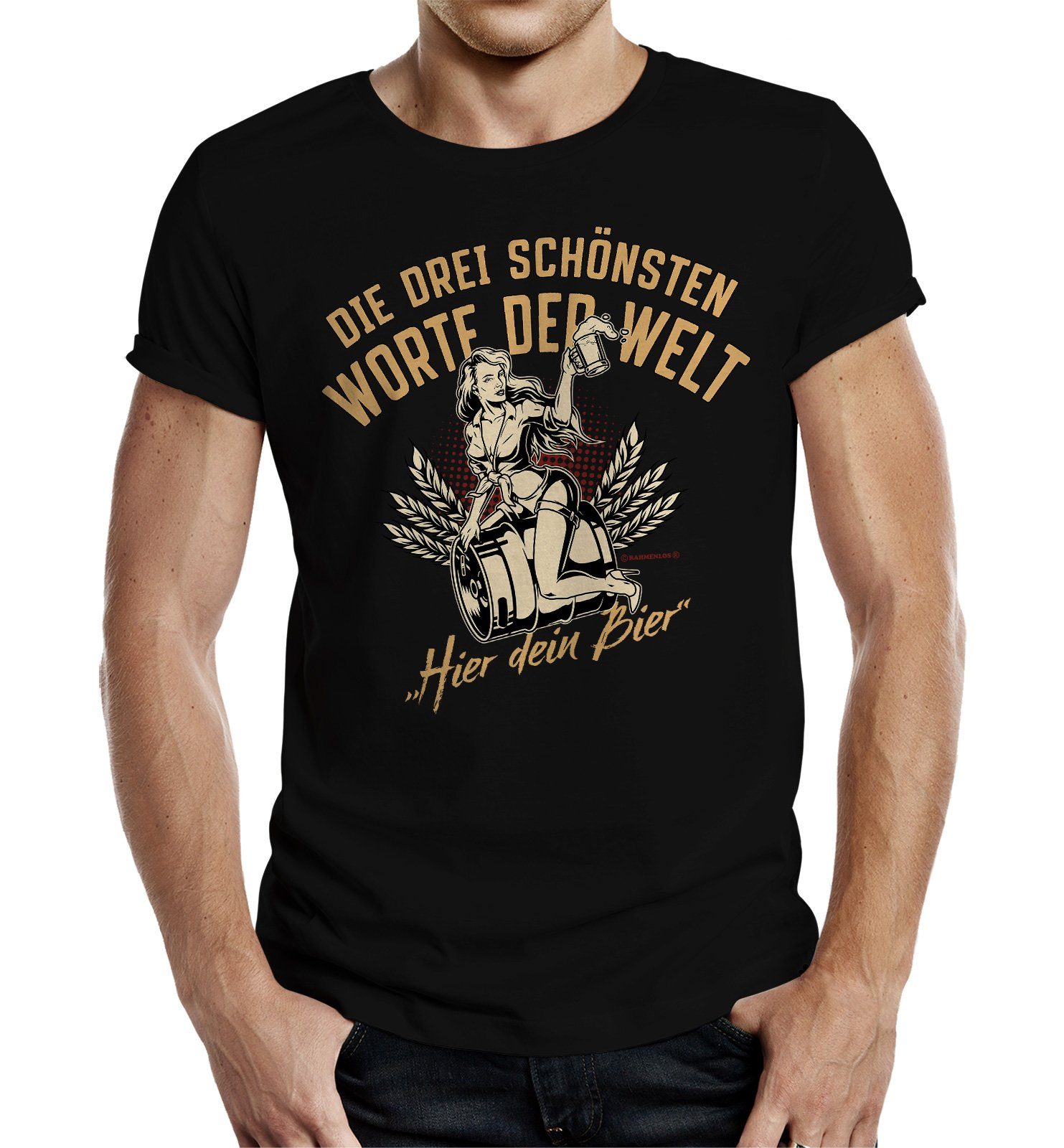 Rahmenlos T-Shirt Das Party Geschenk: Die drei schönsten Worte der Welt, Bier geht immer