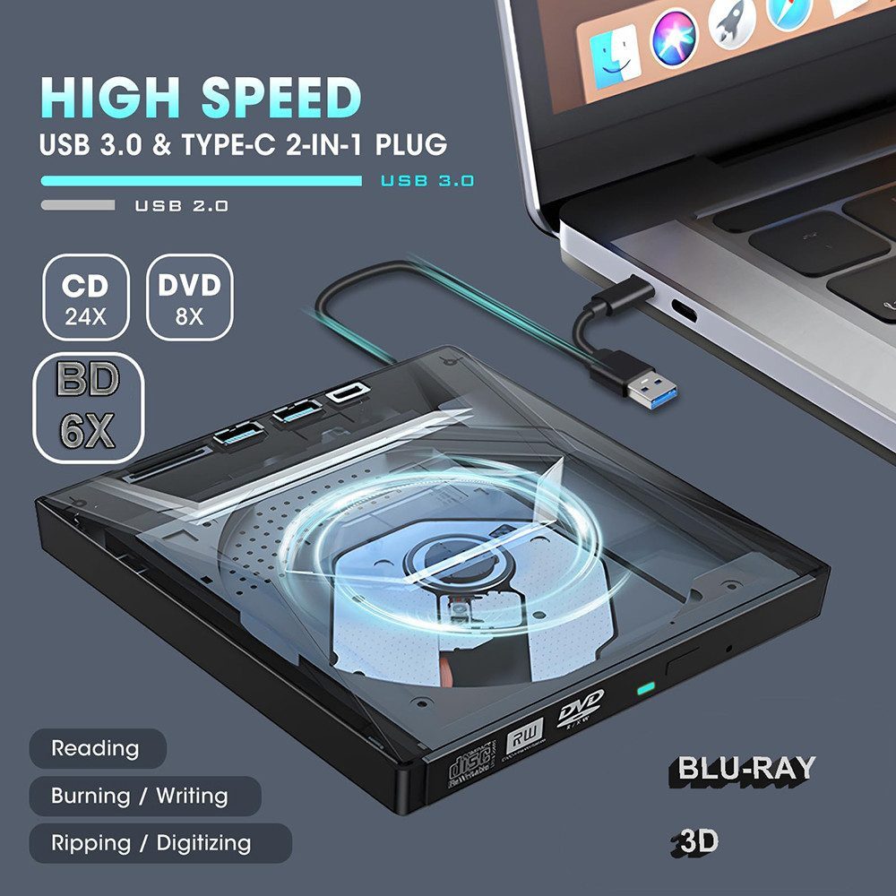 XERSEK Externes Blu Ray CD DVD Laufwerk Blu-ray-Brenner (USB 3.0 Type-C mit SD/TF Micro USB, Portable CD DVD Extern Bluray Writer Drive, für Laptop Desktop Macbook Windows 7/8/10/11 Mac OS)
