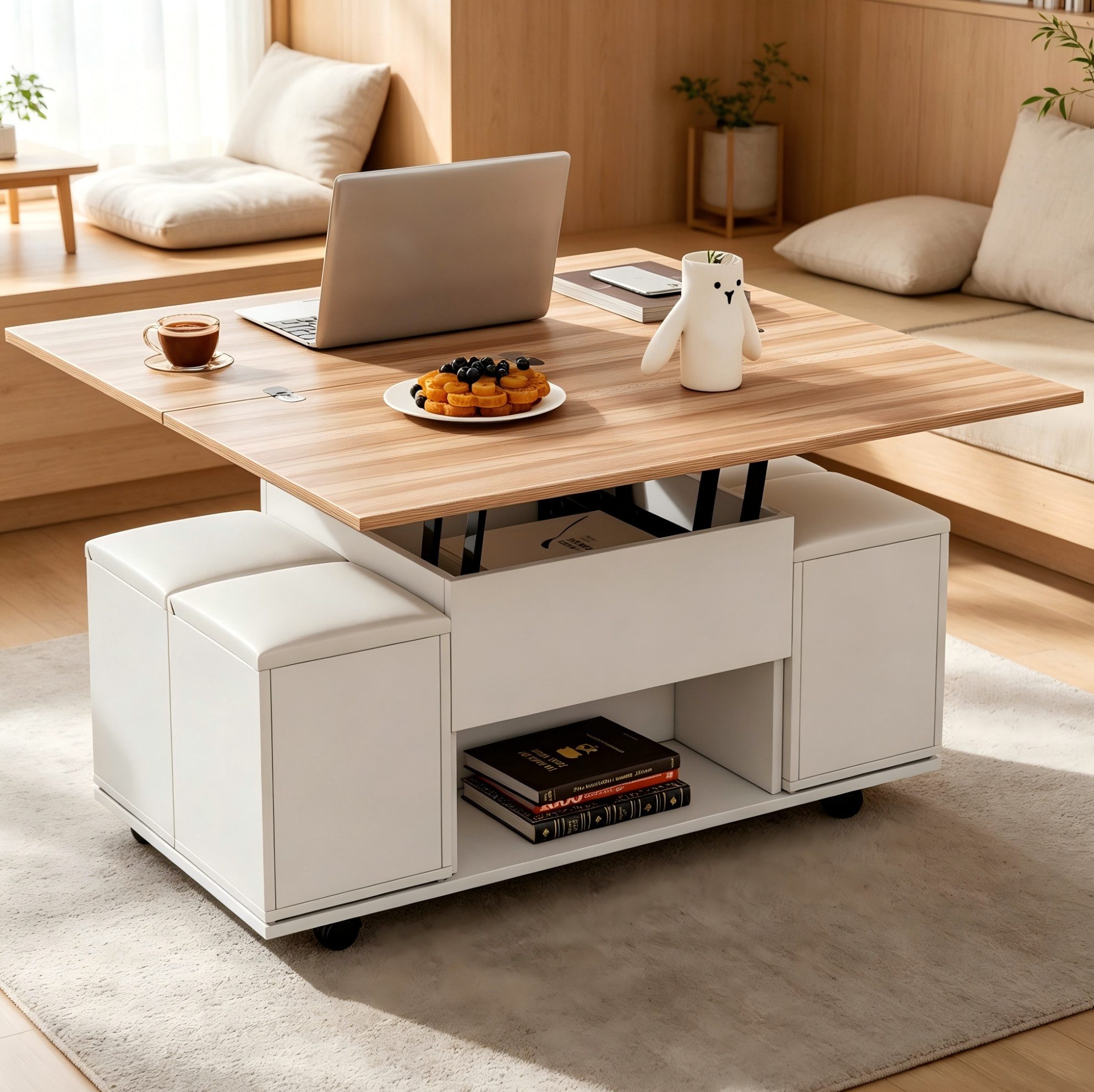 REDOM Couchtisch Design-Tisch – 3-in-1, höhenverstellbar & 4 Hocker (Packung, 1-St., Weiß+Natur, 100×50×48 cm, für moderne Räume), Rollen, versteckter Stauraum, moderne Optik