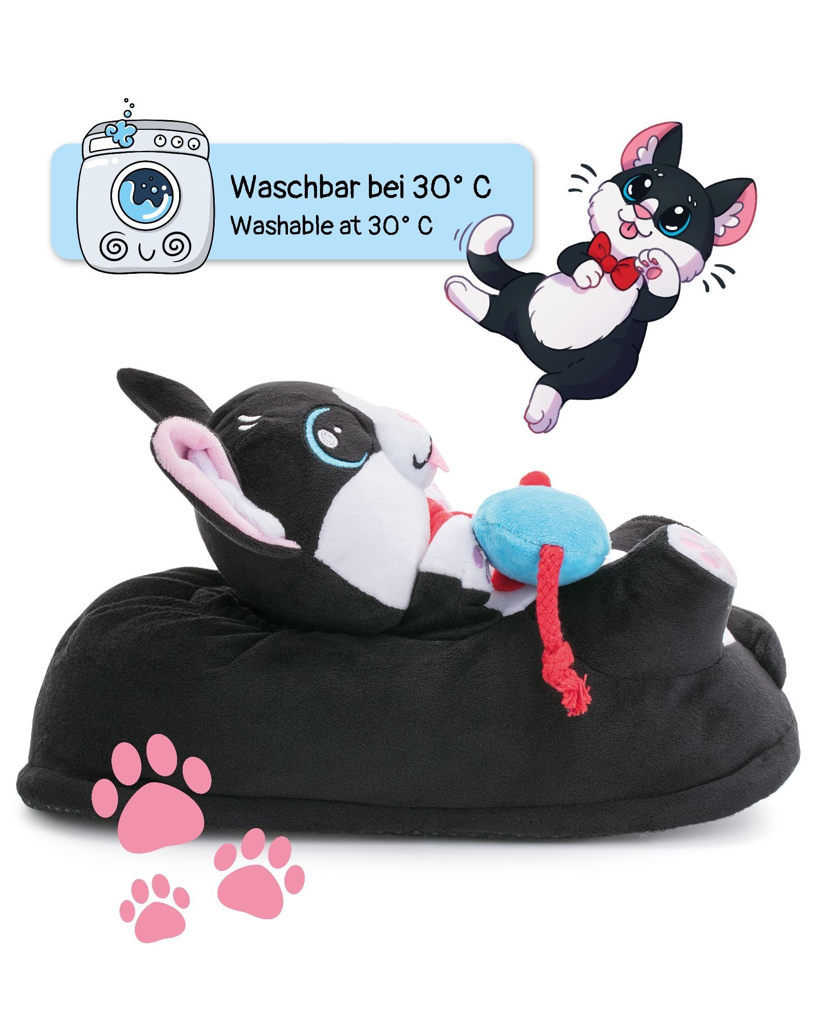 Corimori Katze Balou schwarz weiß, super warme Plüsch Hausschuhe (Packung, Geschenk) warme Tier-Pantoffeln Slipper, EU Einheitsgröße 34-44, Balou der Kater
