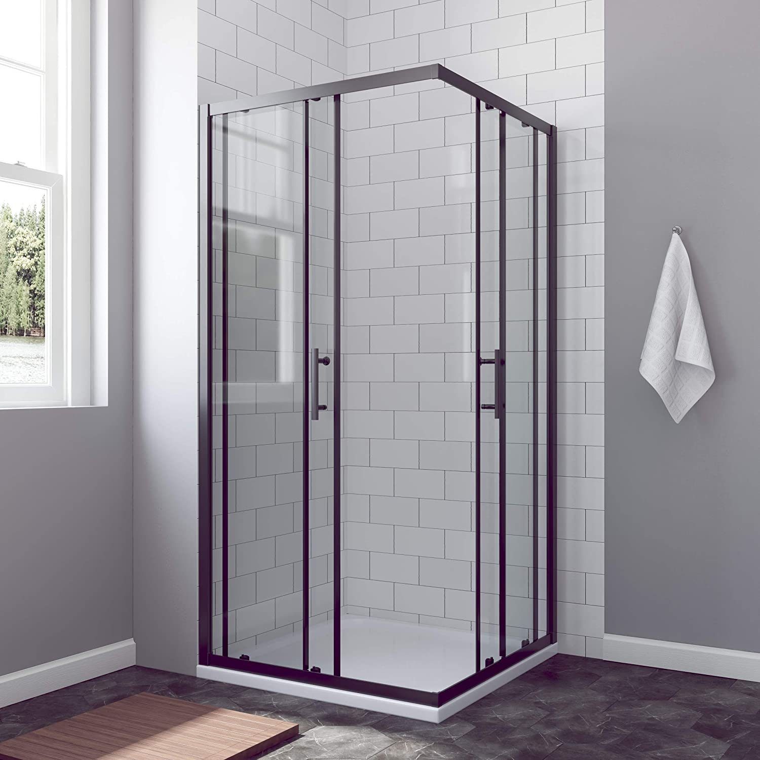 AQUABATOS Eckdusche Duschkabine Eckdusche schwarz matt Eckeinstieg, BxT: 90x90 cm, Einscheibensicherheitsglas, Sicherheitsglas, 80x80x195 cm 90x90x195cm 100x100x195cm Schiebetür Lotus-Effekt, Vollrahmt, Ebenerdige Montage möglich, Großer Verstellbereich