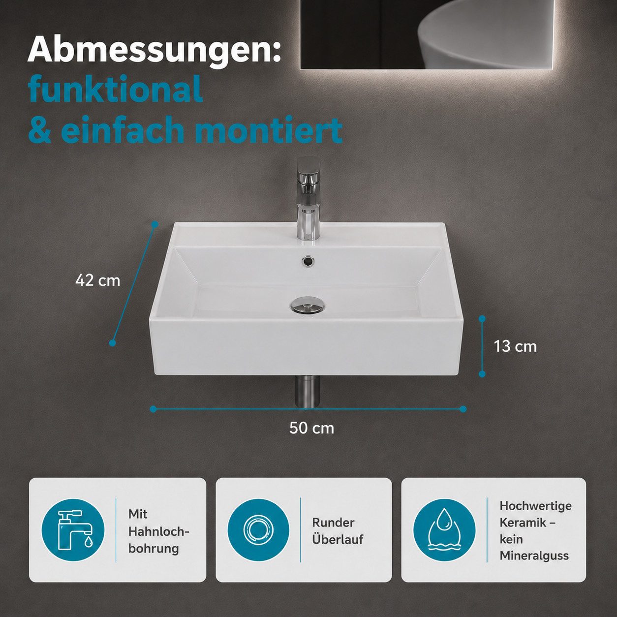 Aqua Bagno Waschbecken Keramik Waschtisch Gäste-WC, Aufsatz-, Möbel- Wandmontage 50 cm (1-St), Wand- oder Aufsatzmontage 50 cm