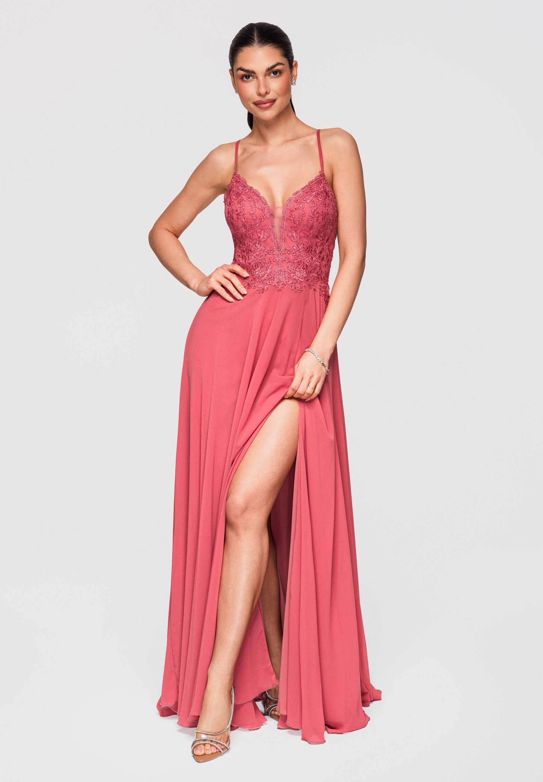 OMBRE Abendkleid Maxikleid Abendkleid mit Spitze & Rückenfrei Koralle S (kein Set, 1-tlg) Rückenfrei, gekreuzte Träger