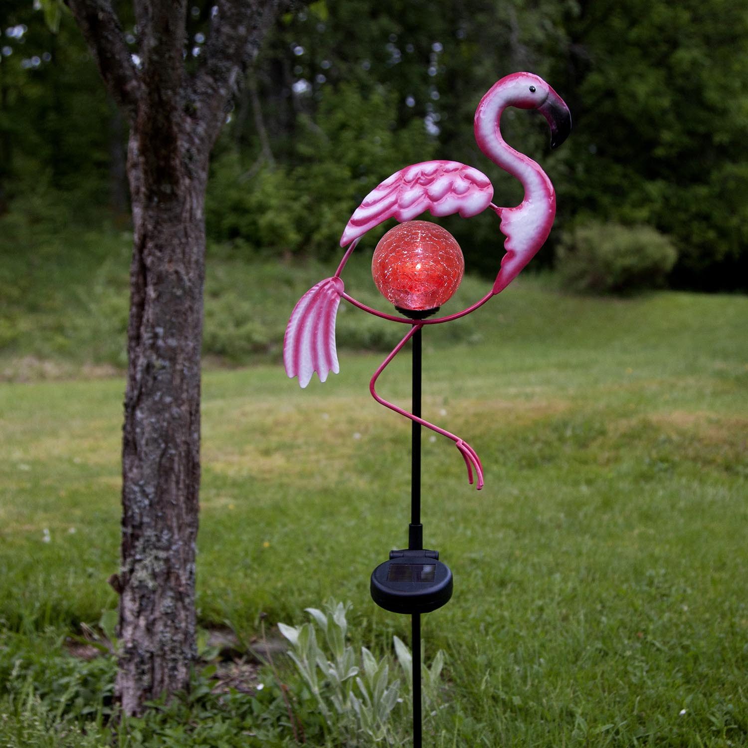 STAR TRADING LED Solarleuchte Flamingo, Solar-Gartenspieß,Flamingo' in Pink, Leuchtkugel aus Bruchglas, Dämme