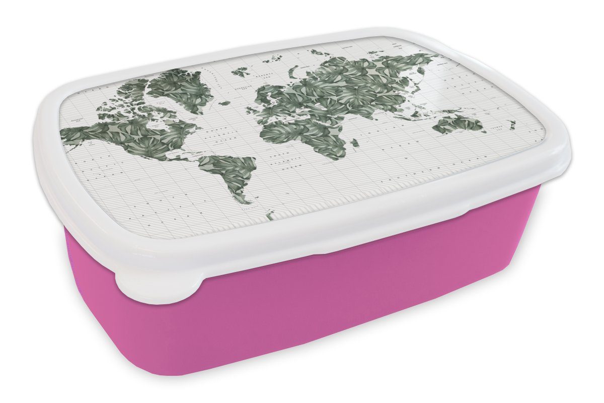 Antrag MuchoWow Lunchbox Weltkarte Blätter Kinder, Mädchen, - rosa Brotbox Snackbox, (2-tlg), Kunststoff für Kunststoff, Brotdose Tropisch, - Erwachsene