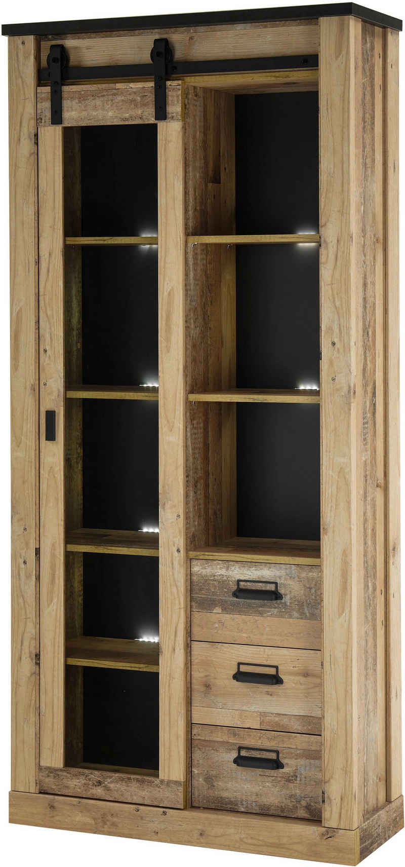 Premium collection by Home affaire Vitrine »SHERWOOD« in modernem Holz Dekor, mit Scheunentorbeschlag und Apothekergriffen aus Metall, Breite 92 cm