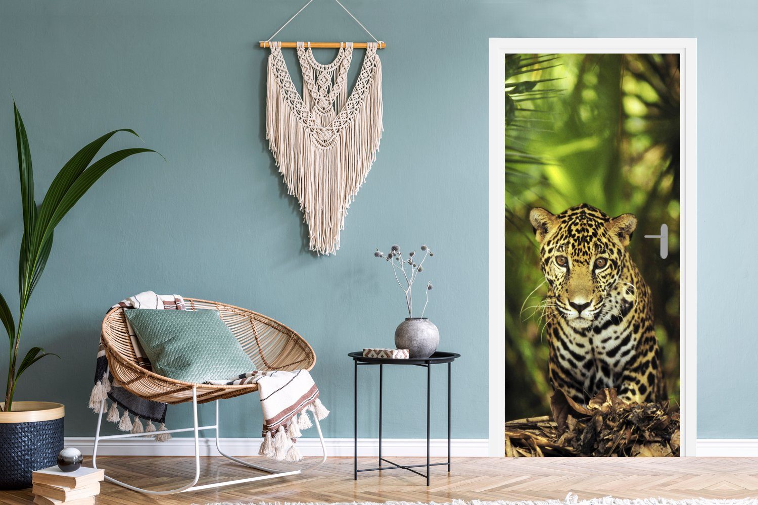 MuchoWow Türtapete Junger im Tür, Türaufkleber, cm 75x205 bedruckt, Jaguar für (1 St), Fototapete Matt, Dschungel