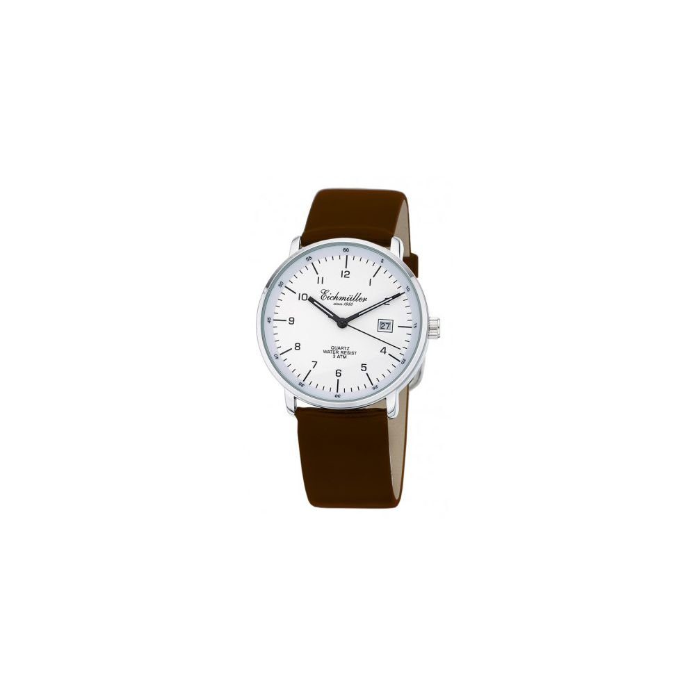 Eichmüller Quarzuhr Herrenuhr 7080-02 Weiss Lederband Braun 37 mm