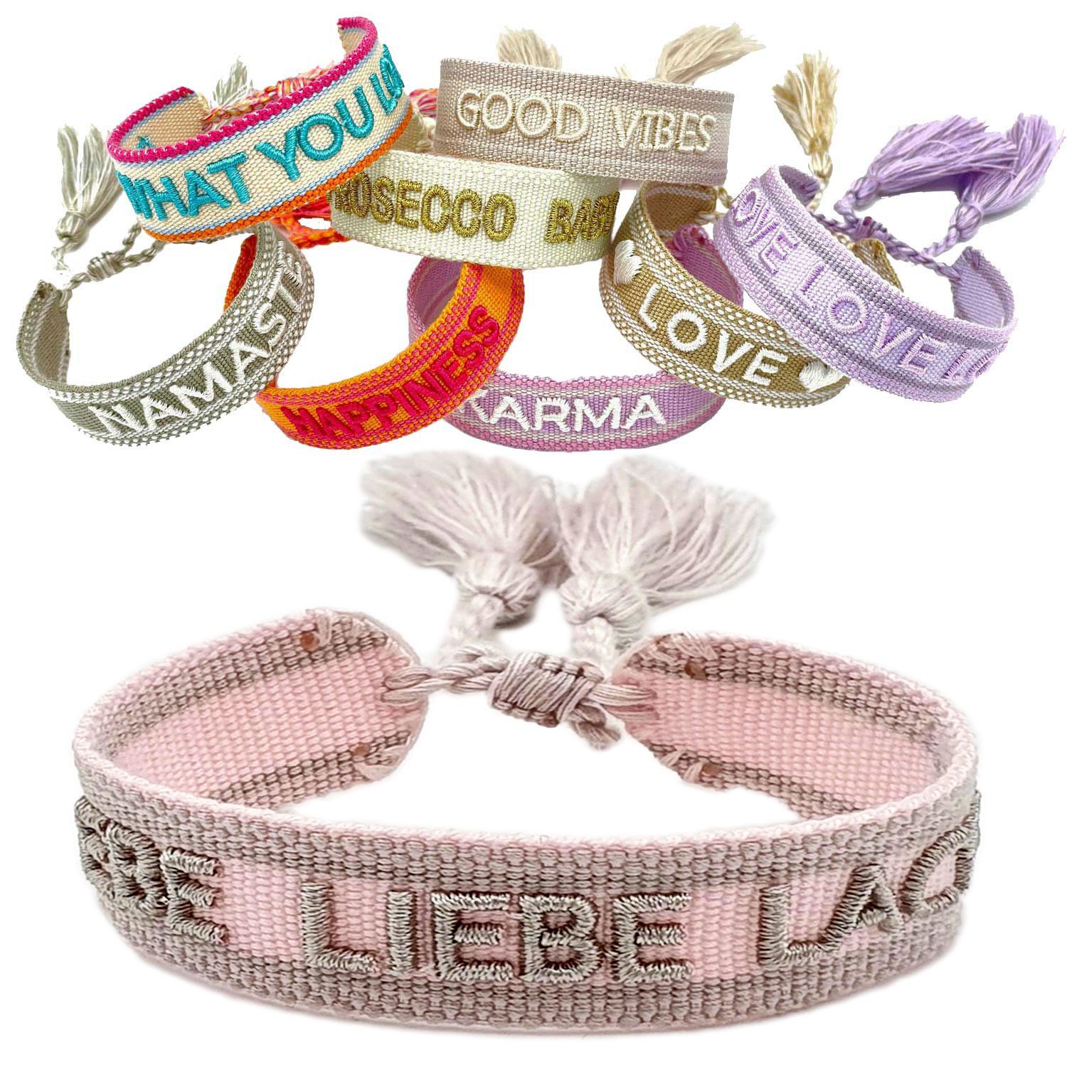 LS-LebenStil Armband Canvas Statement Armband Lebe Liebe Lache Rosa Quasten bestickt (Baumwollarmband Webarmband Armbandliebe Freundschaftsarmband Freundschaftsband Partnerarmband, 1-tlg., textil geflochten gewebt - hochwertiger gestickter Spruch), perfek