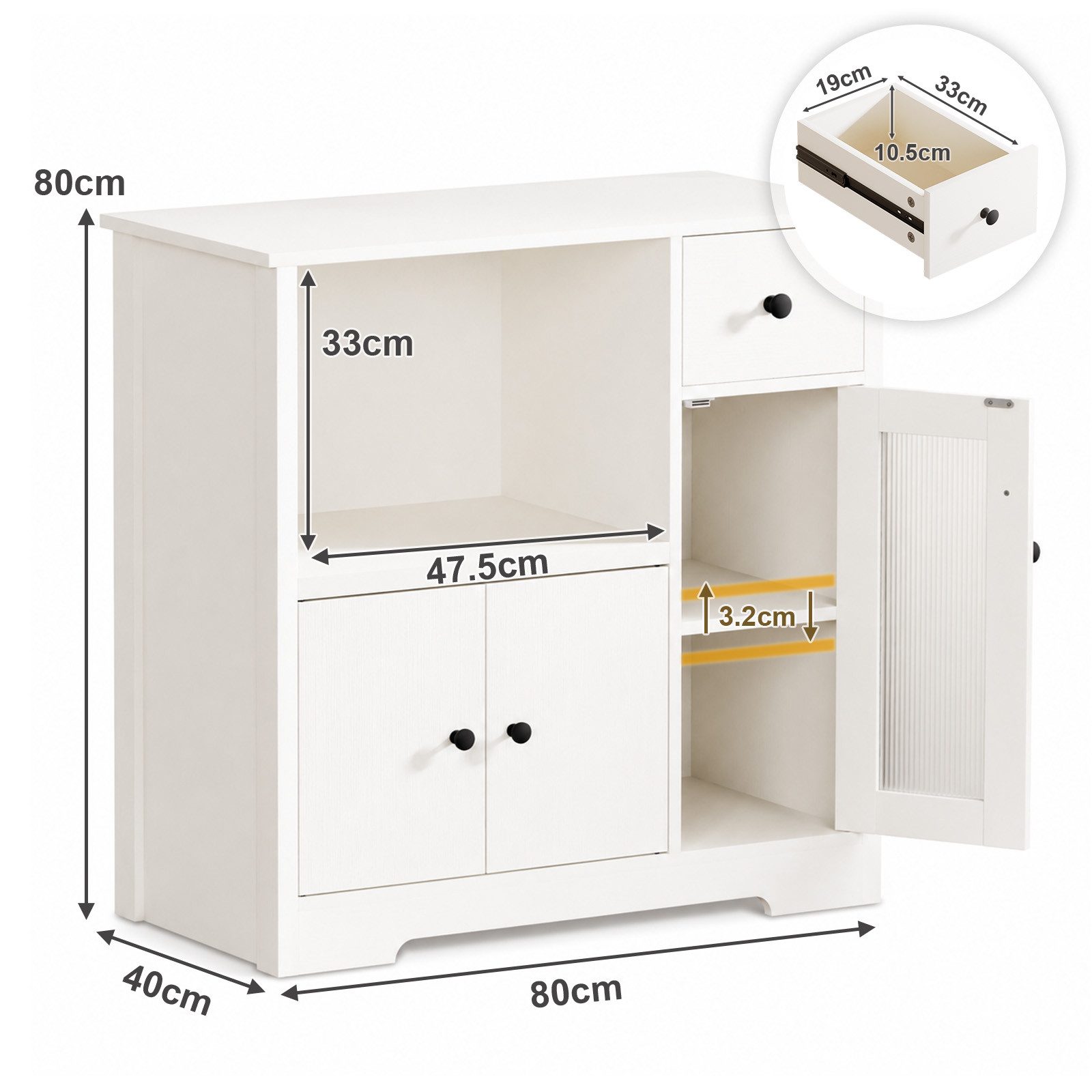 Yorbay Sideboard mit Kabeldurchlass & Acrylglastür, Küchenschrank Vitrine (80×40×80 cm, weiß), für Mikrowelle, Kaffeeecke & Wohnzimmer