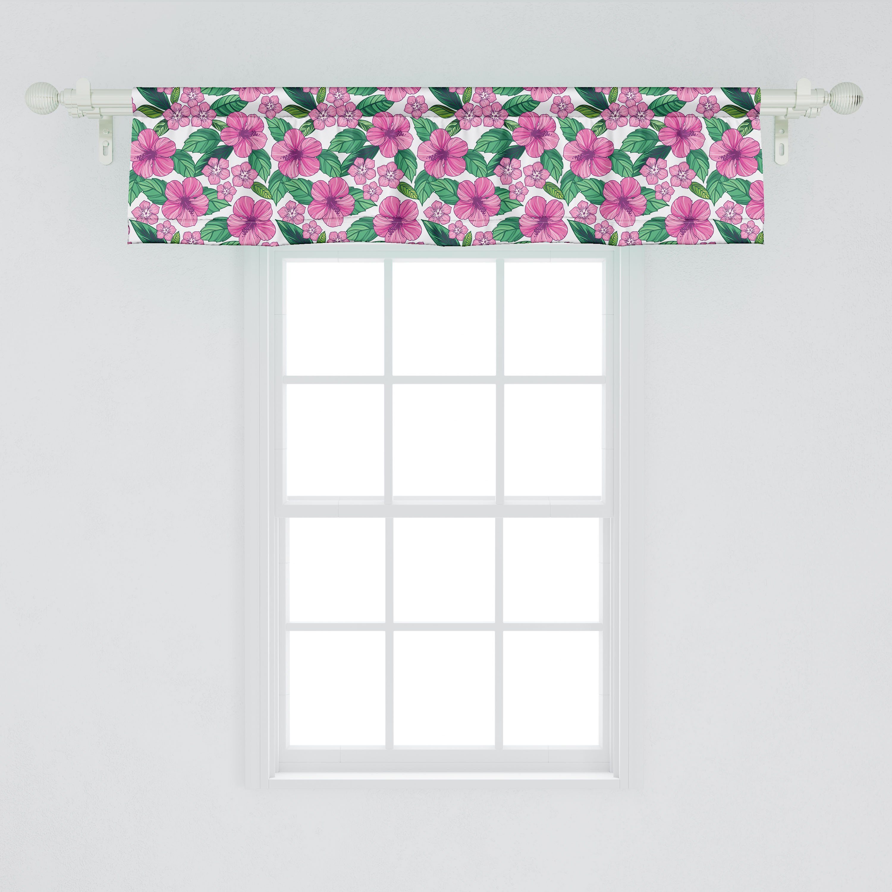 Vorhang mit Dekor Abakuhaus, und Stangentasche, Scheibengardine Küche Hibiscus Microfaser, Kunst Schlafzimmer für Blumen Volant Plumeria