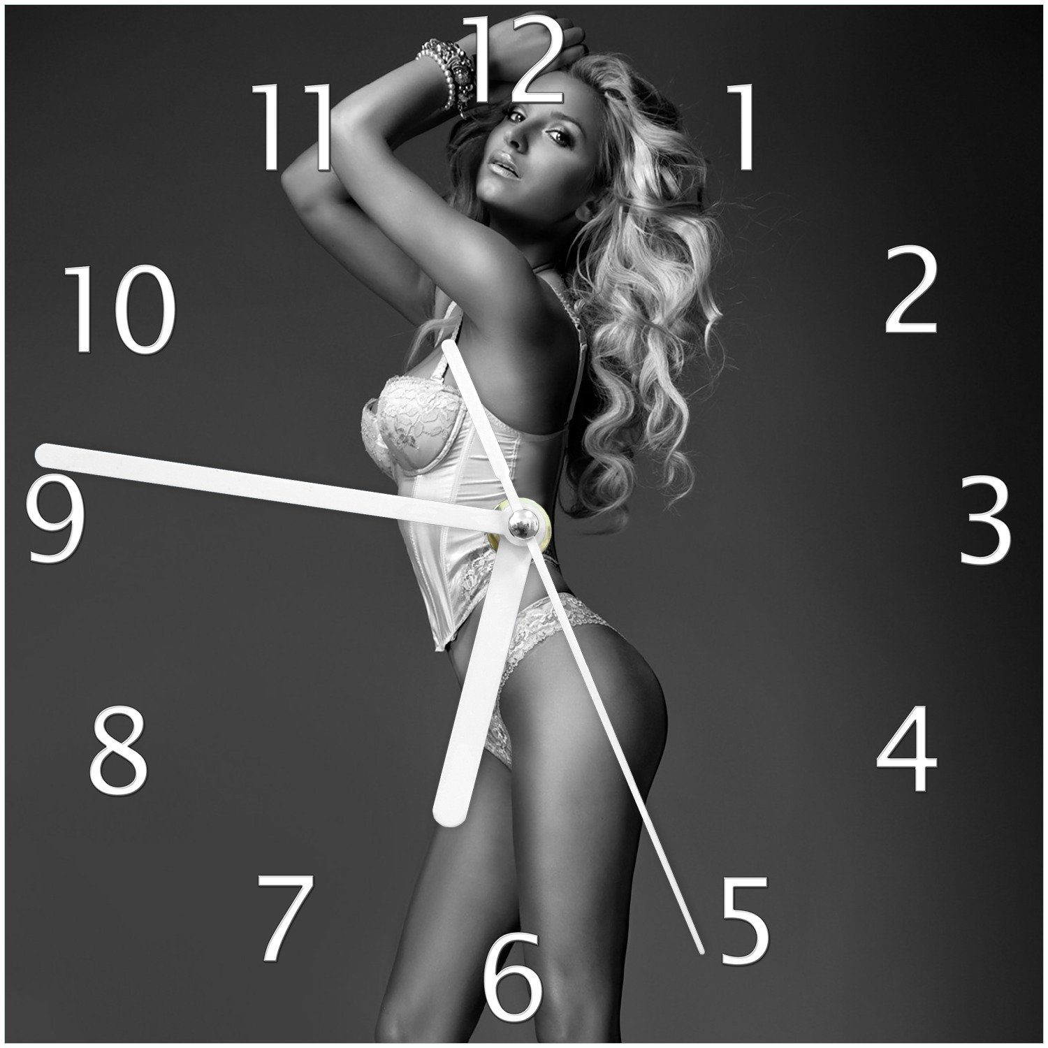 Wallario Wanduhr Sexy Beine - Blondine mit langen Beinen in Unterwäsche (Glasuhr)