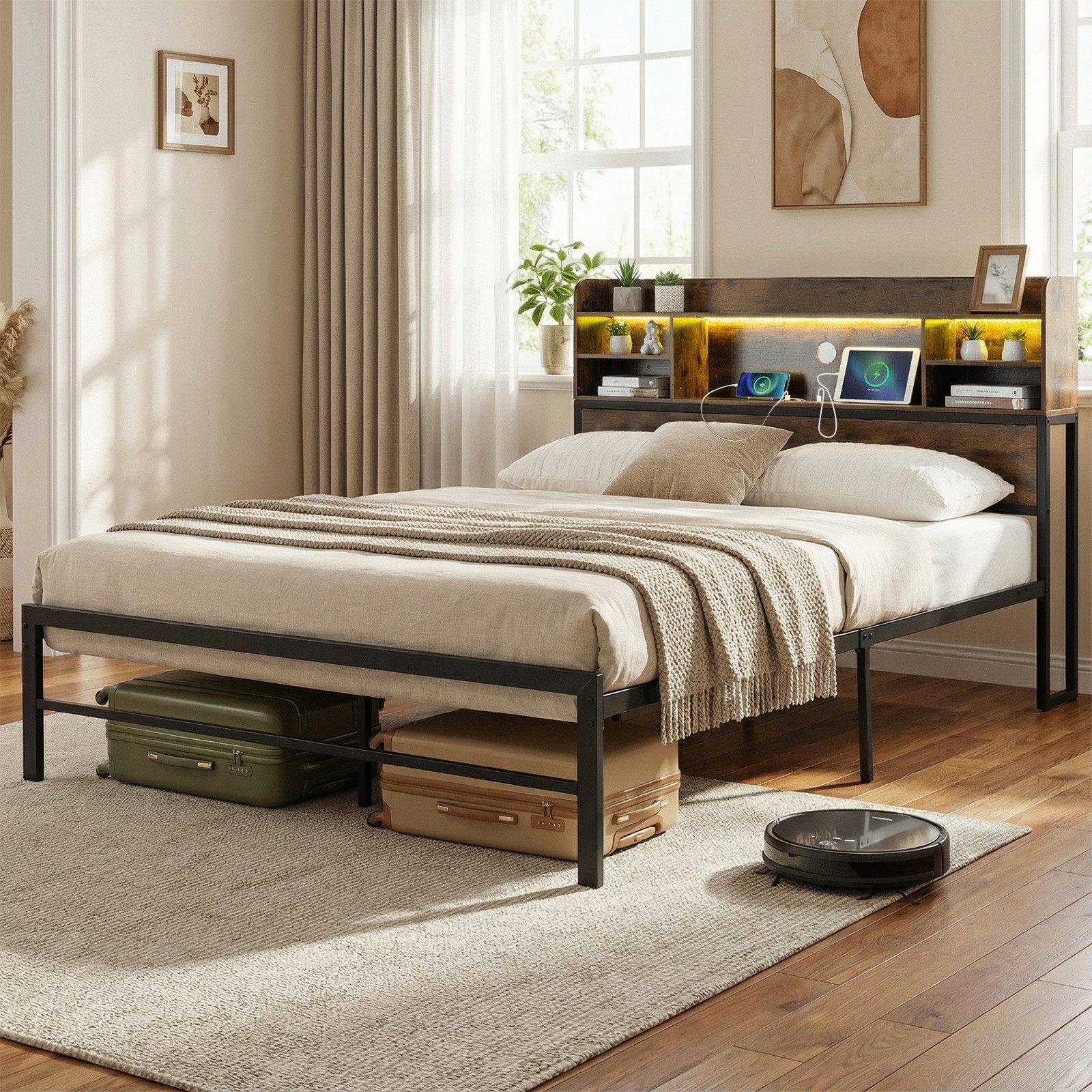 COSTWAY Bettgestell (1-tlg), Doppelbett mit LED, Ladestation, Kopfteil, 140x200cm