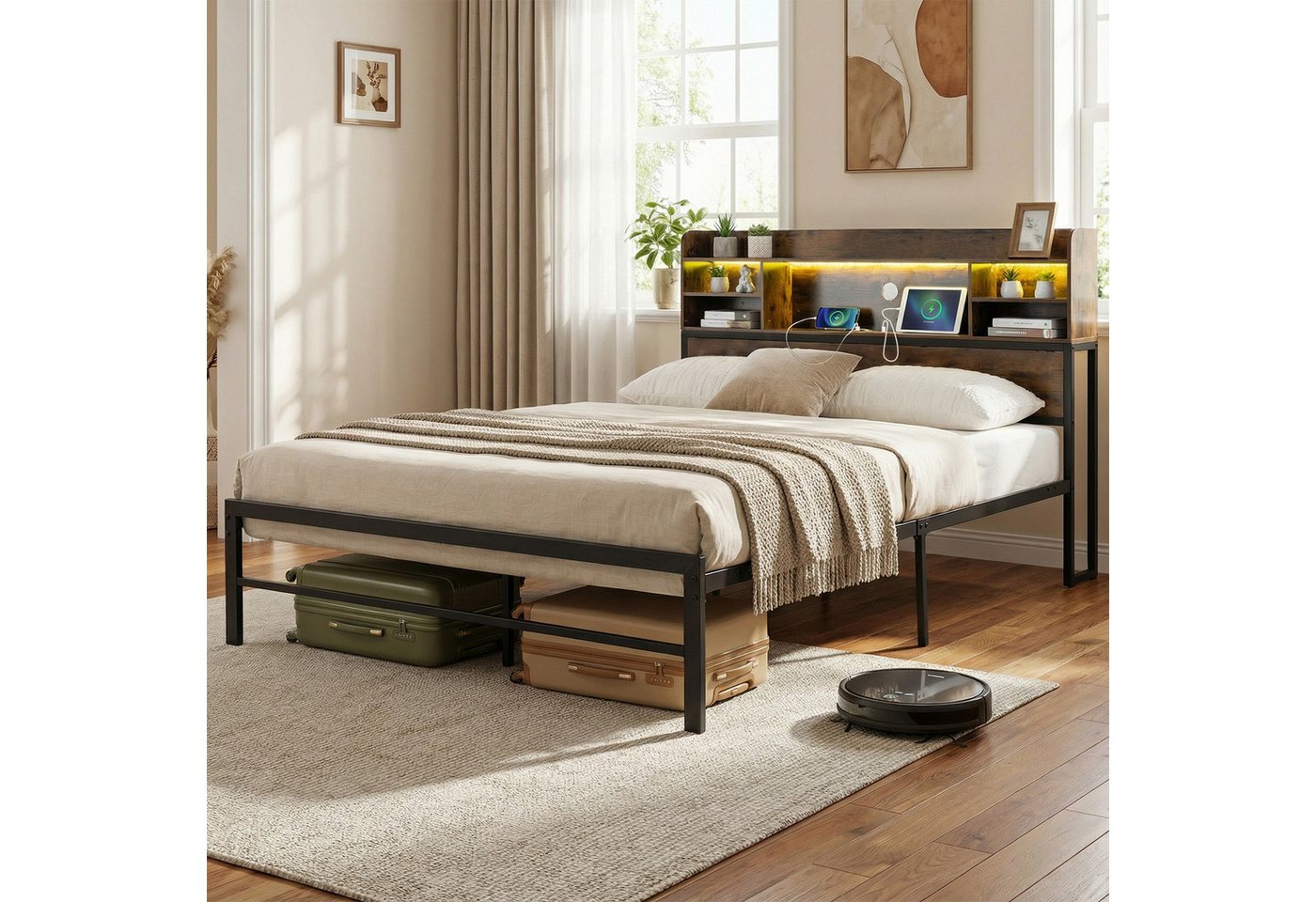 COSTWAY Bettgestell (1-tlg), Doppelbett mit LED, Ladestation, Kopfteil, 140x200cm