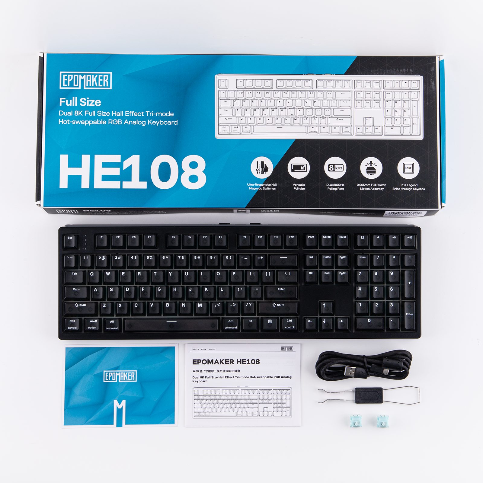 EPOMAKER Tastatur, 8K Polling & 10.000 mAh Akku, HE108 Kabellose Gaming-Tastatur (Full-Size Hall-Effekt-Tastatur – SOCD, DKS, RGB & PBT-Tastenkappen)