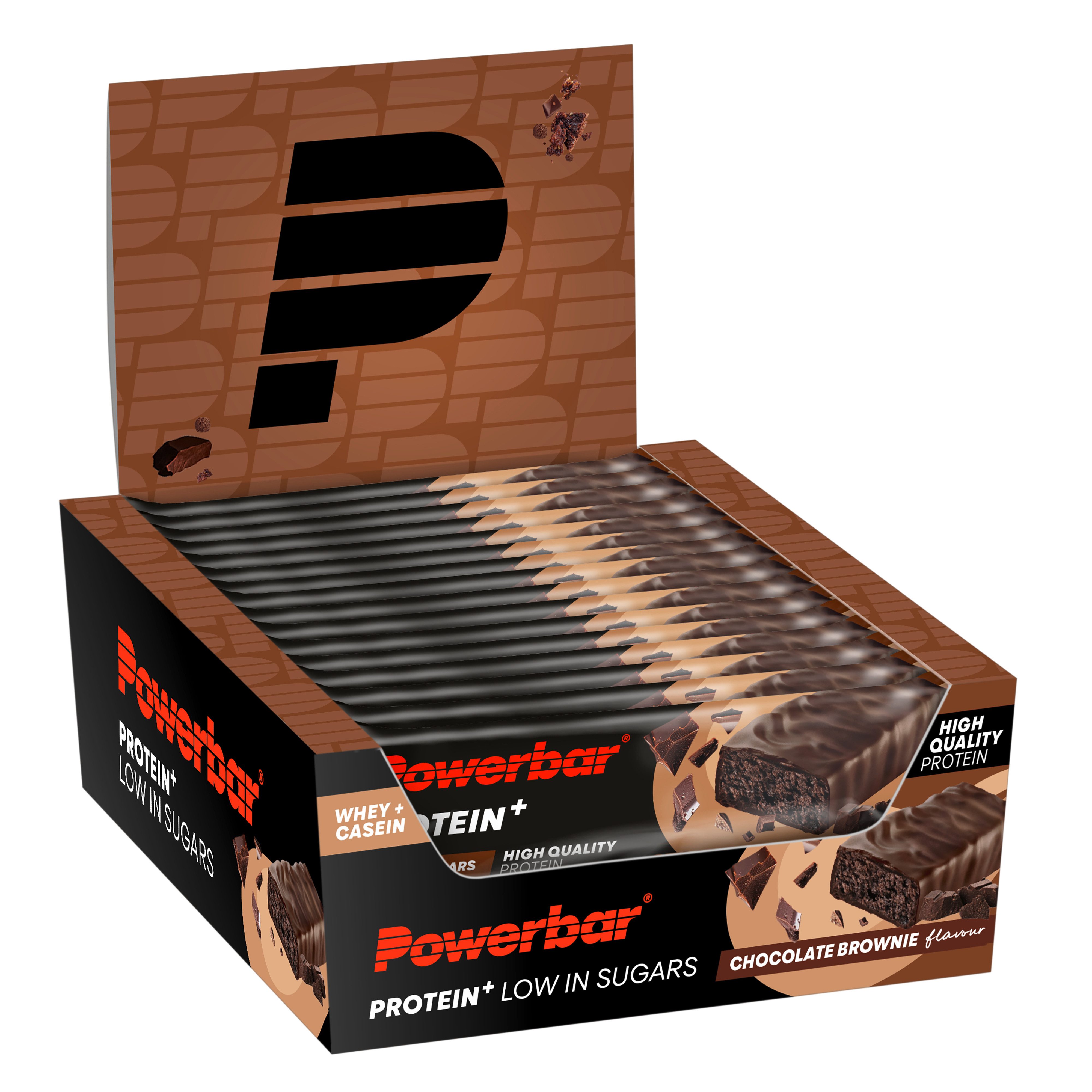 PowerBar Protein Plus Low Sugar Chocolate Brownie 16 x 35 g Riegel Riegel, 16 er Display à 16 St., 560 g, Hochwertiges Eiweiß, bis zu 11 Gramm