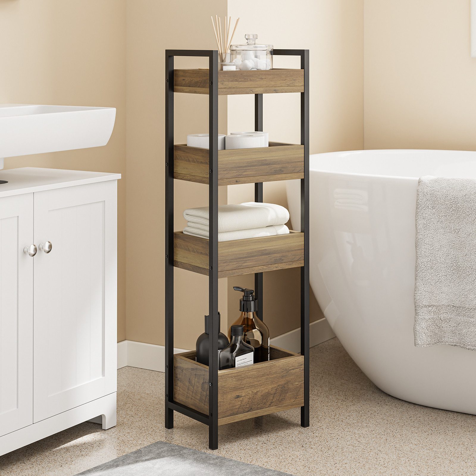 SoBuy Badregal FRG226, Badezimmerregal schmal, Duschregal Toilettenregal Nischenregal, Standregal Küchenregal mit 3/4 Ablagefächern, Badregal stehend
