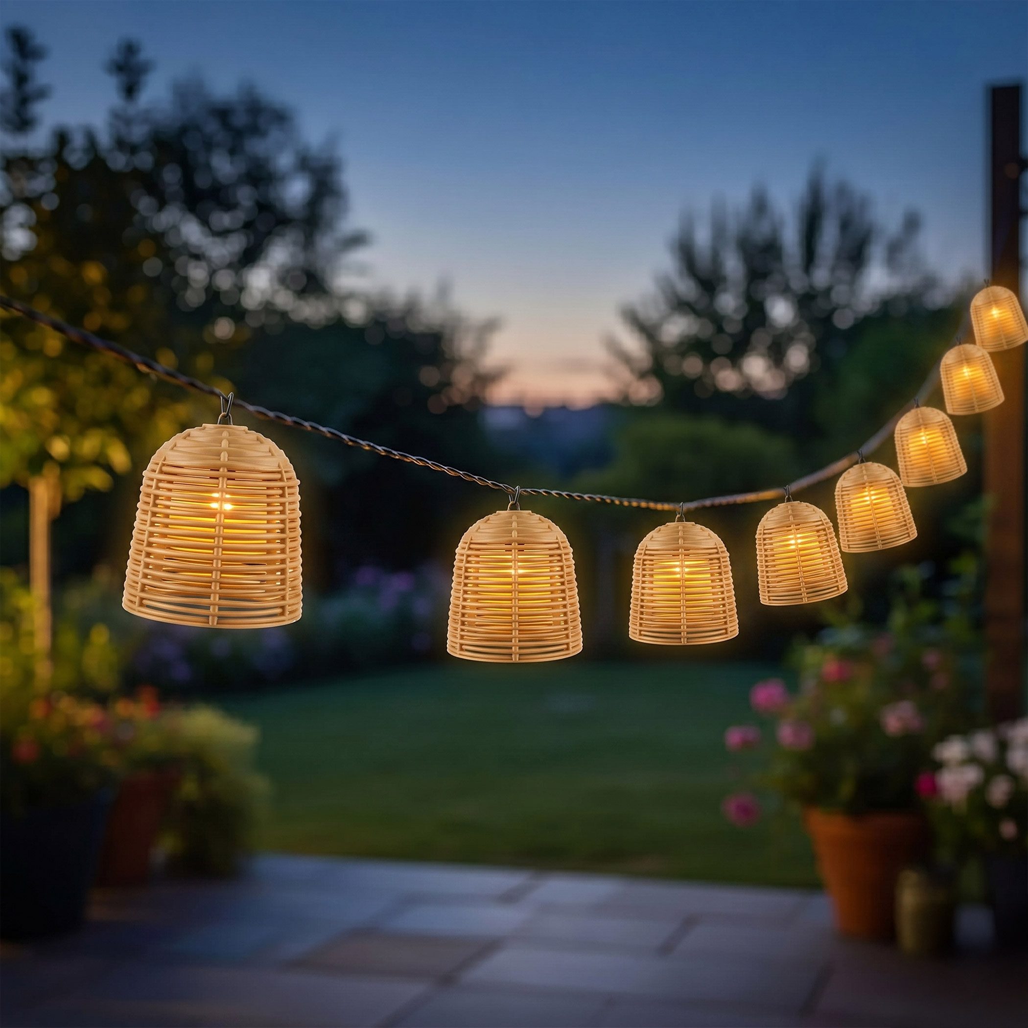 Spetebo LED-Lichterkette Solar mit 10 Lampions in Rattan Optik, 10-flammig, mit 7 Funktionen