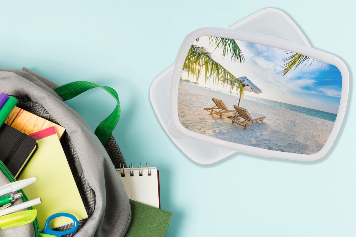 Mädchen Jungs Strandkorb Sonnenschirm MuchoWow - - Brotdose, Brotbox weiß Lunchbox Erwachsene, und für Kinder für Sonnenuntergang, Kunststoff, (2-tlg), und