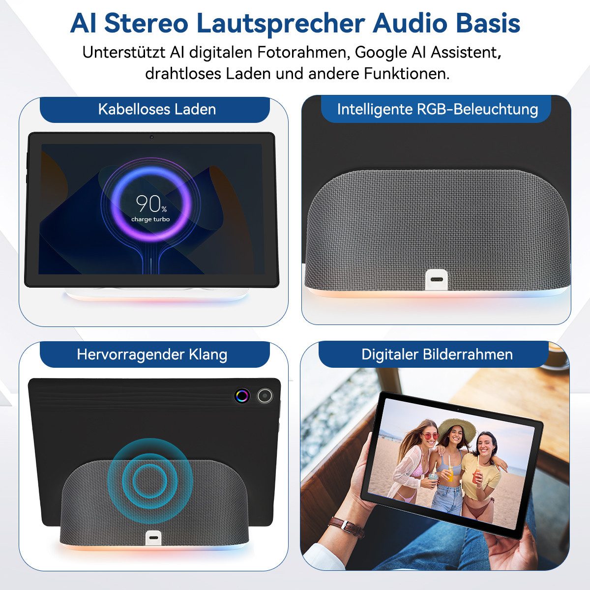 Happybe 10 Zoll Octa Core 14+64 GB ROM Lautsprecher-Dock HD Display WiFi6 Tablet (10", 64 GB, Android, WiFi6, BT 5.0)